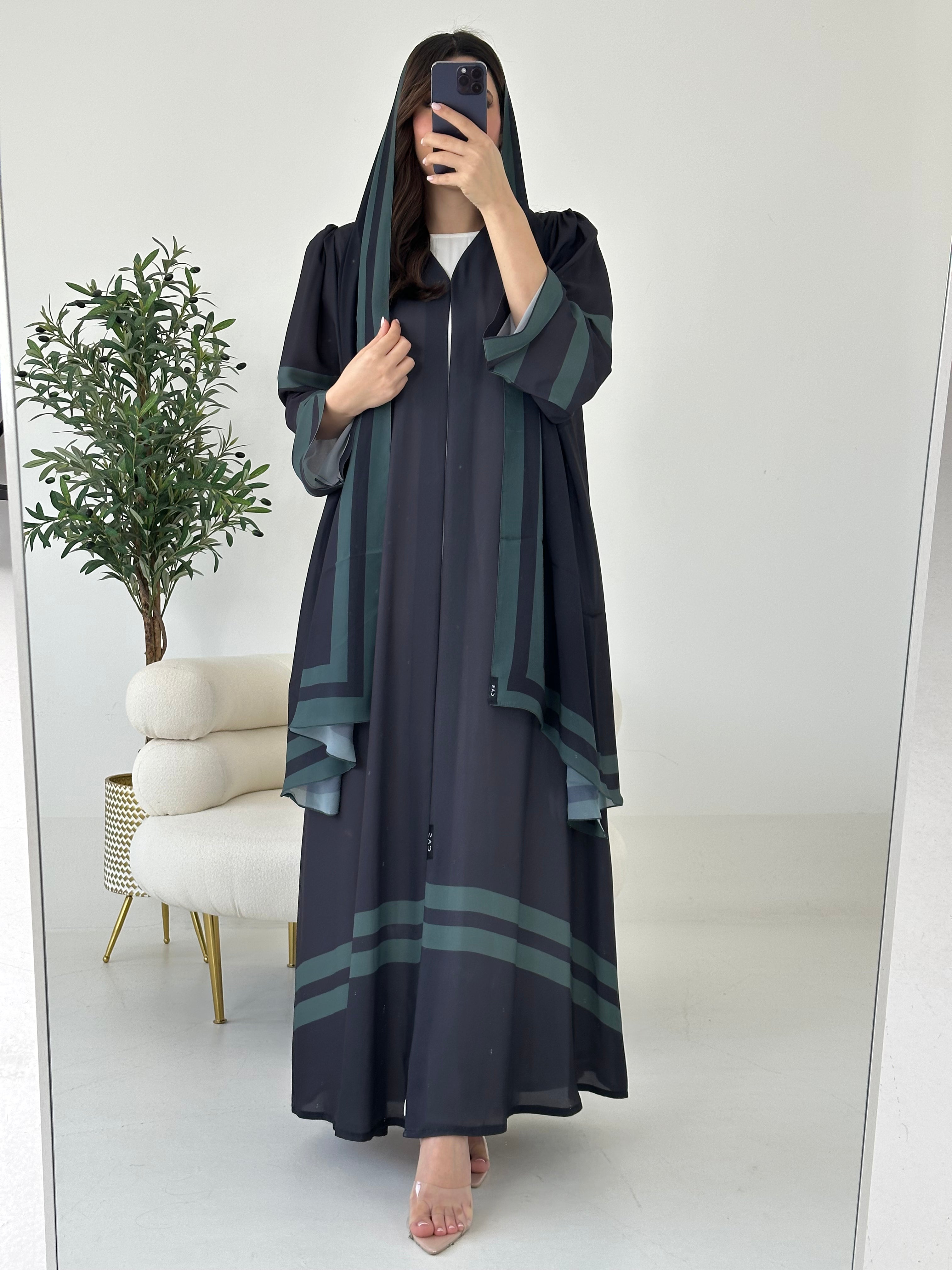C 2262 Black Green Stripe Printed Abaya