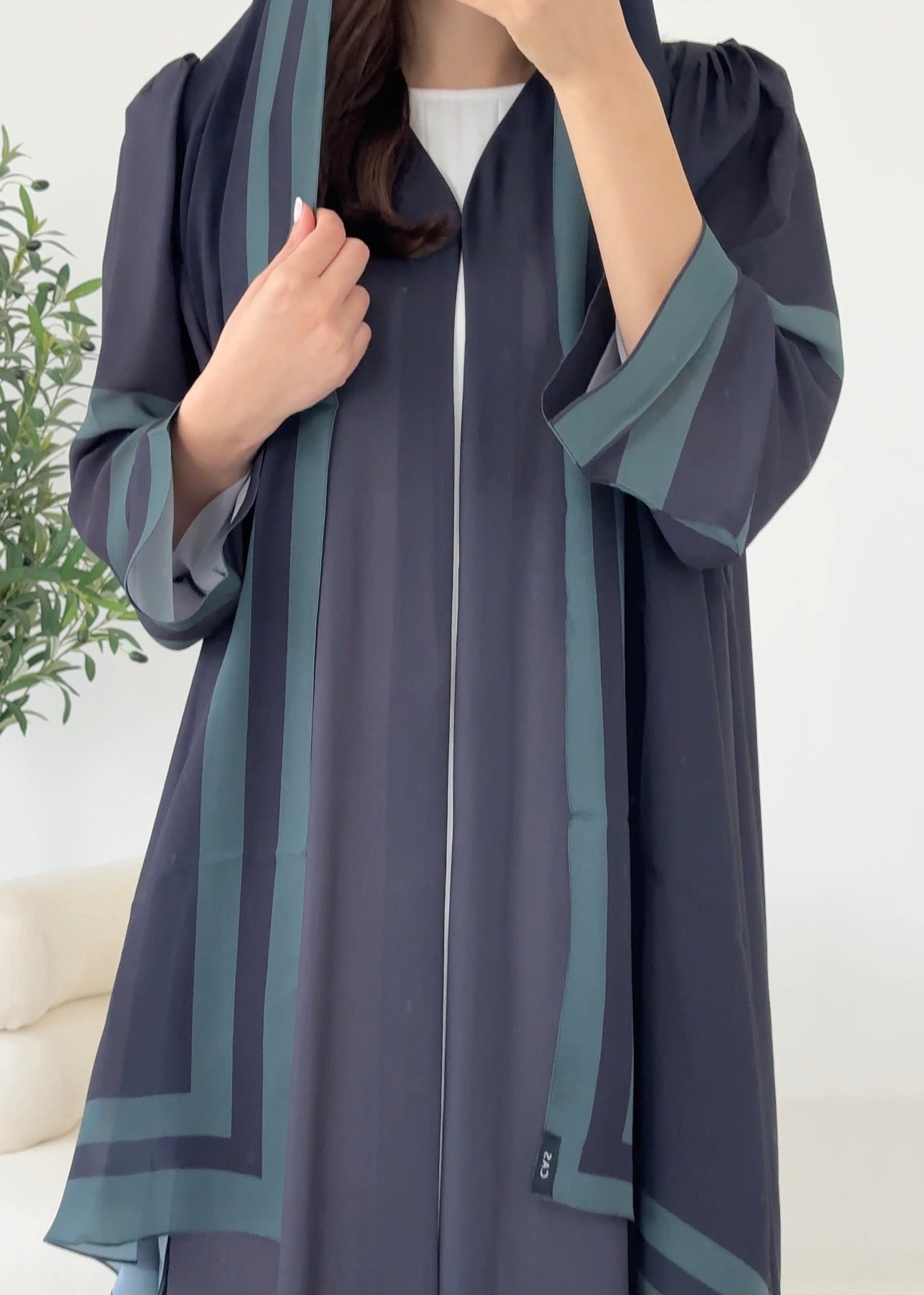 C 2262 Black Green Stripe Printed Abaya
