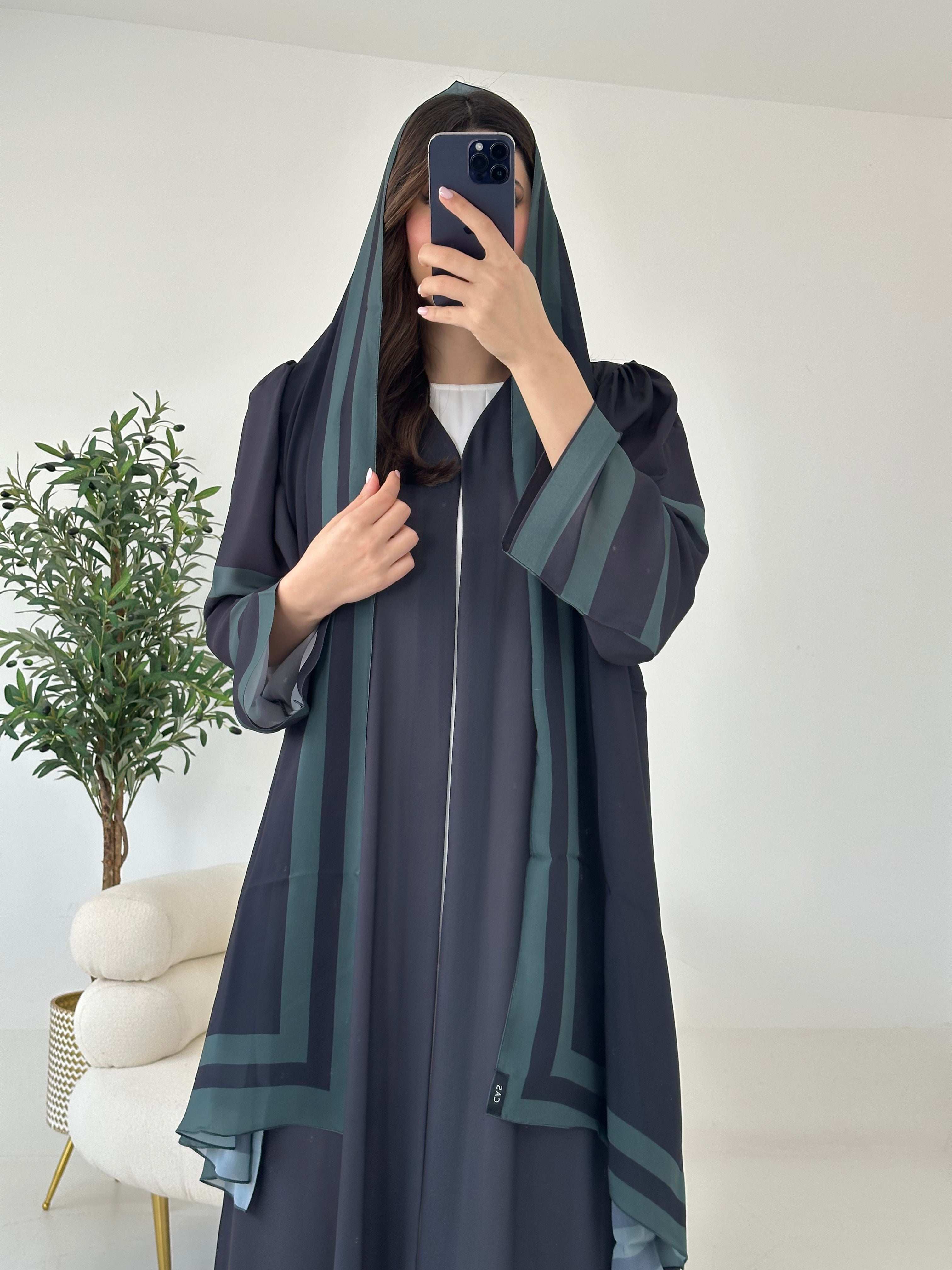 C 2262 Black Green Stripe Printed Abaya