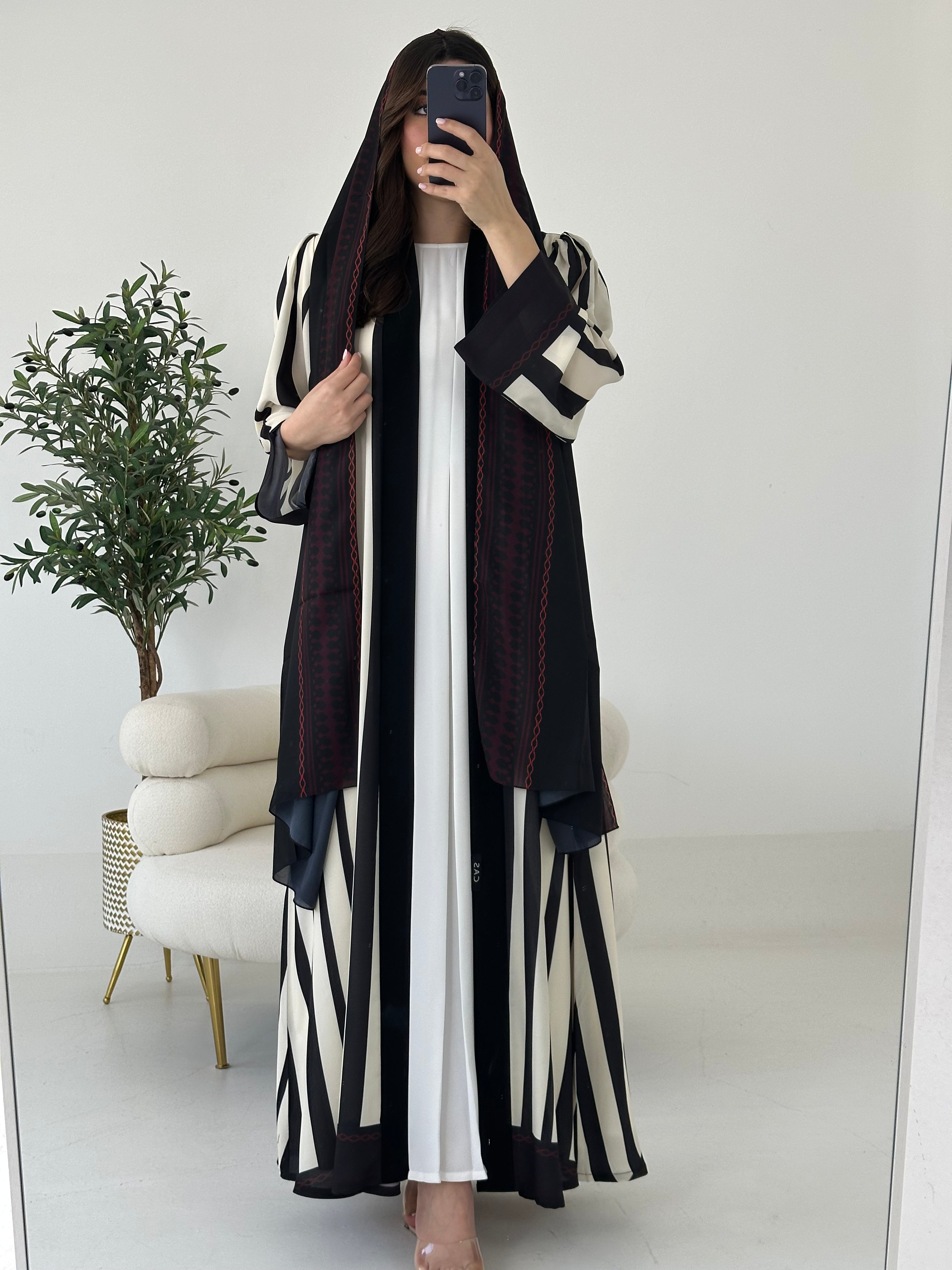 C 2266 Black White Stripe Printed Abaya