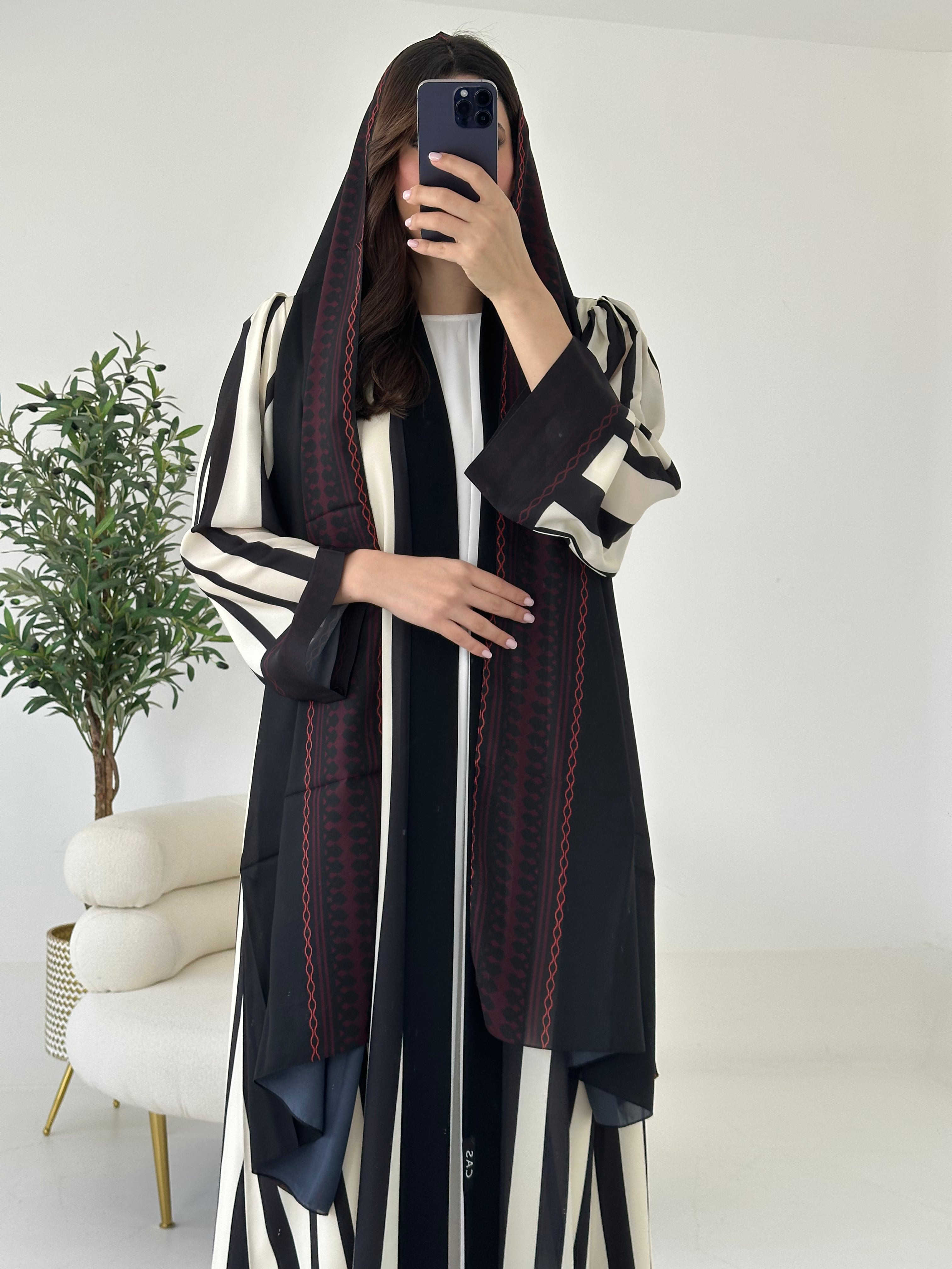 C 2266 Black White Stripe Printed Abaya