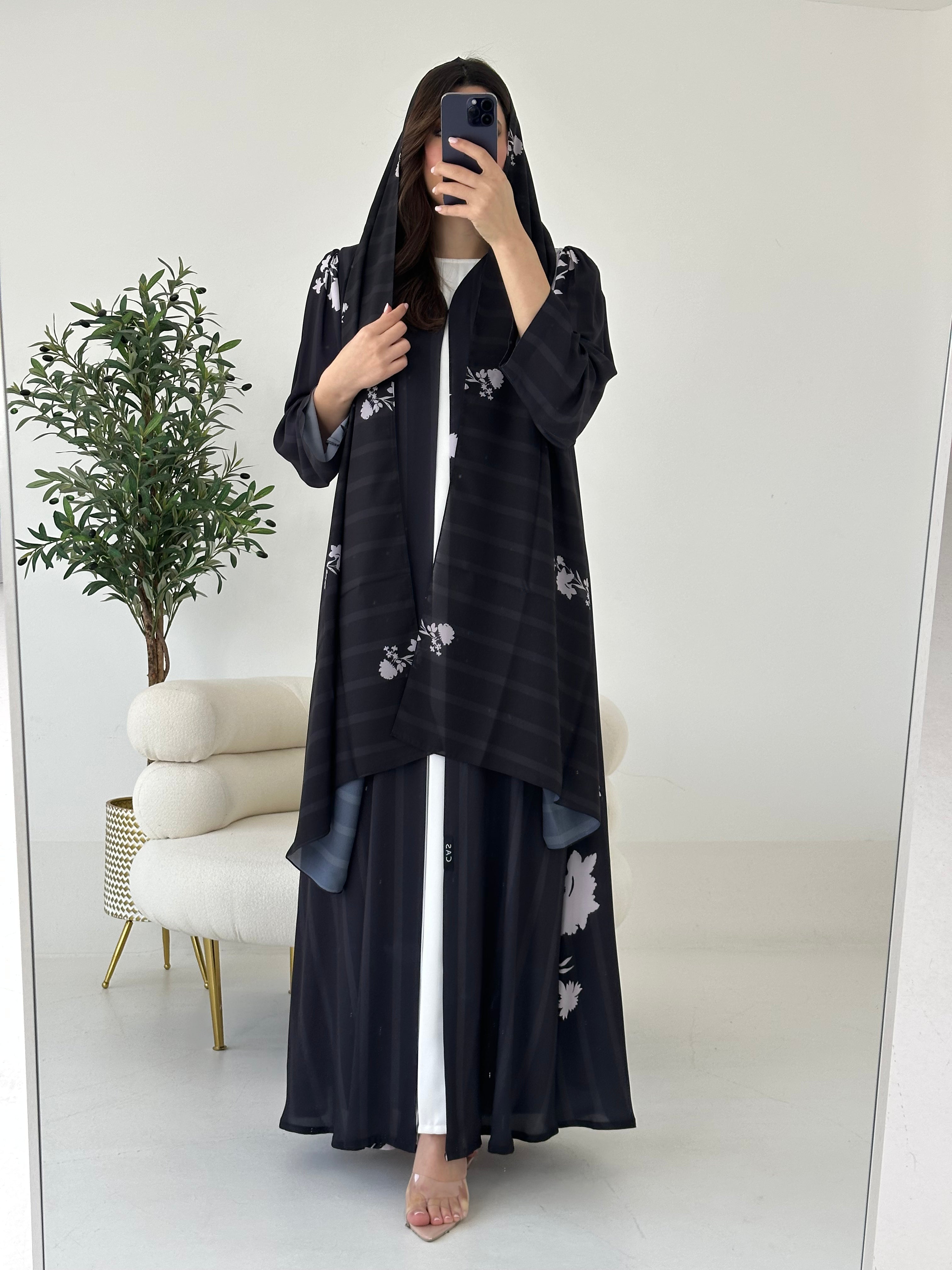 C 2267 Black Floral Printed Abaya