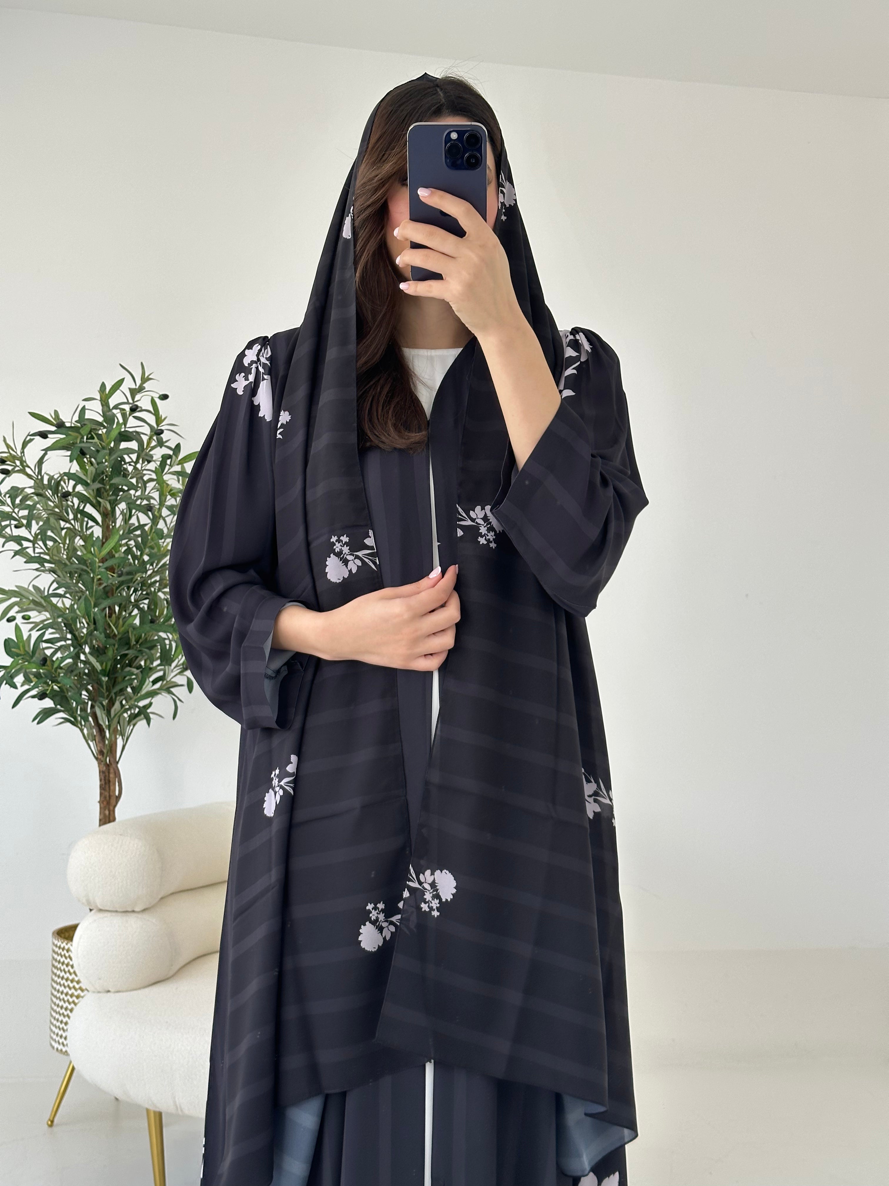 C 2267 Black Floral Printed Abaya