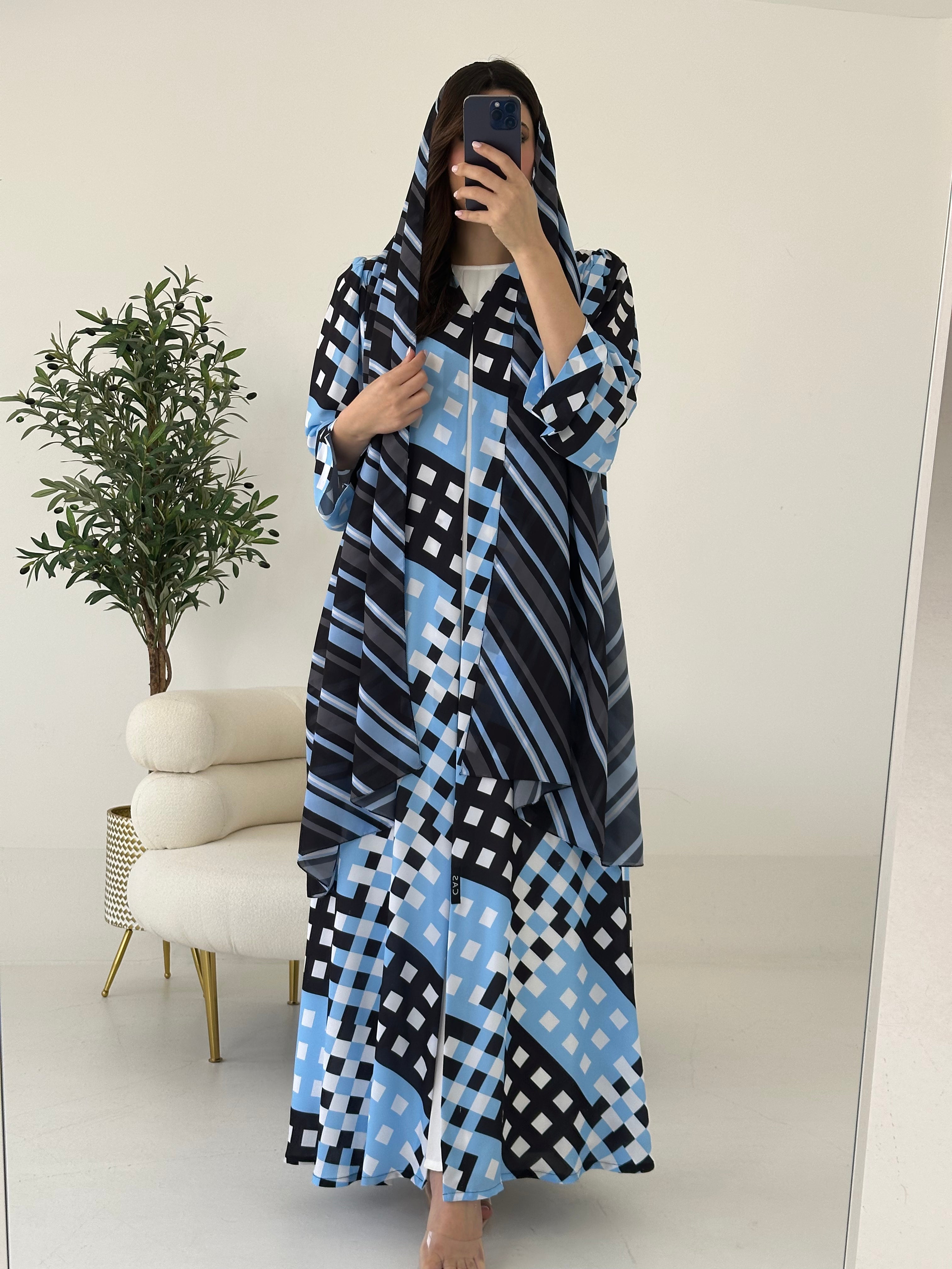 C 2268 Blue Pattern Printed Abaya