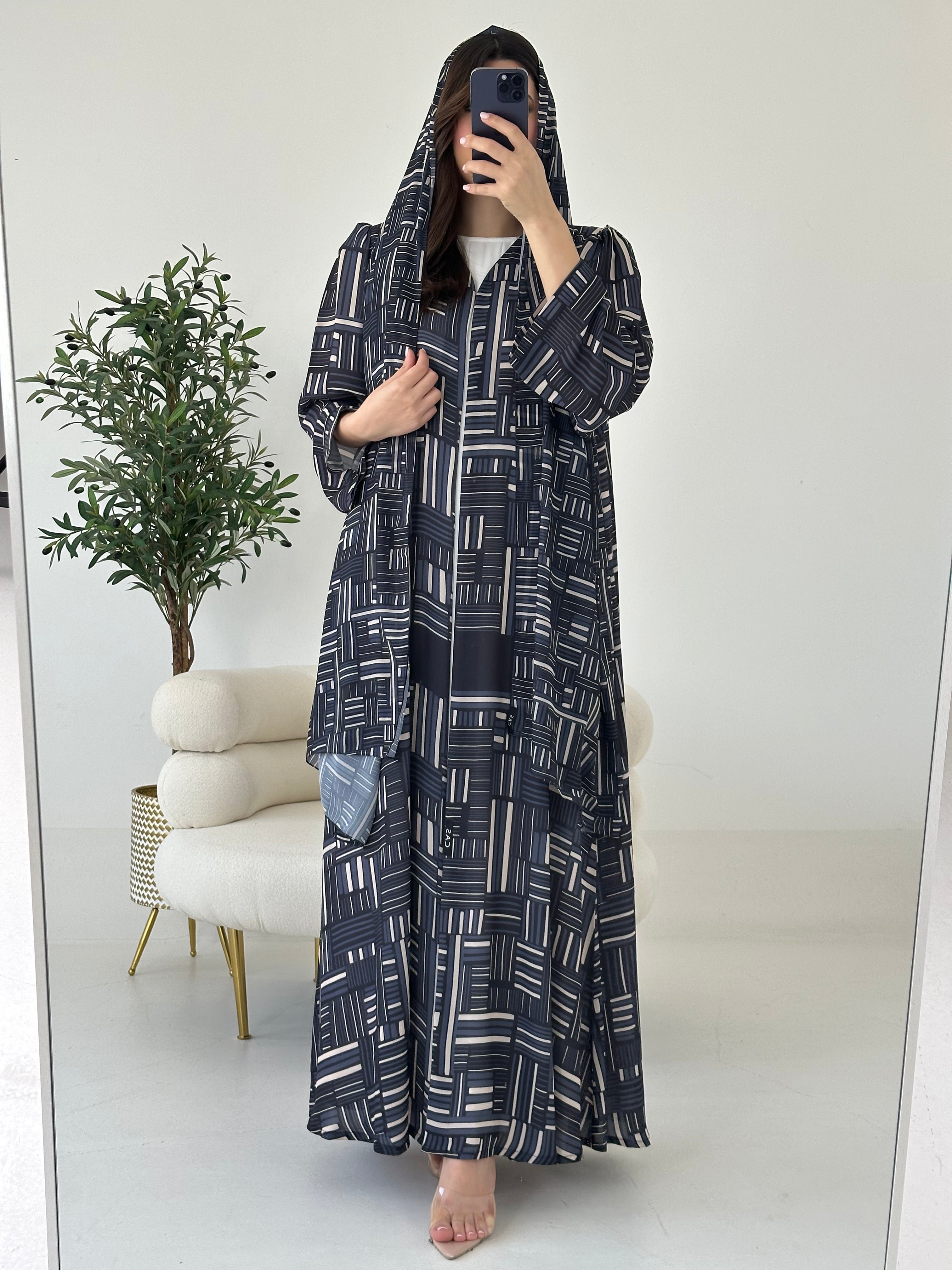 C 2269 Black Beige Printed Abaya