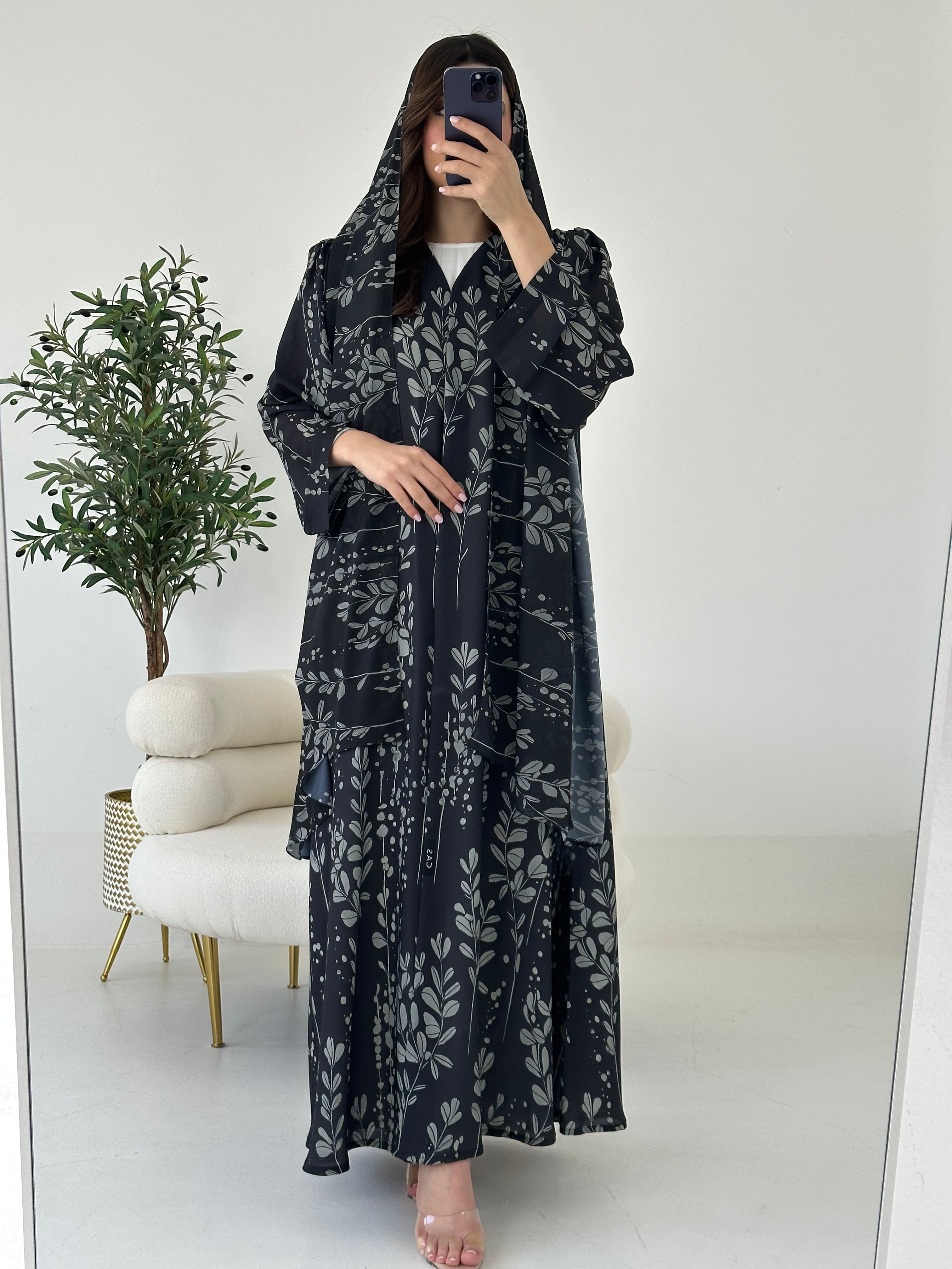 C 2270 Black Fern Printed Abaya