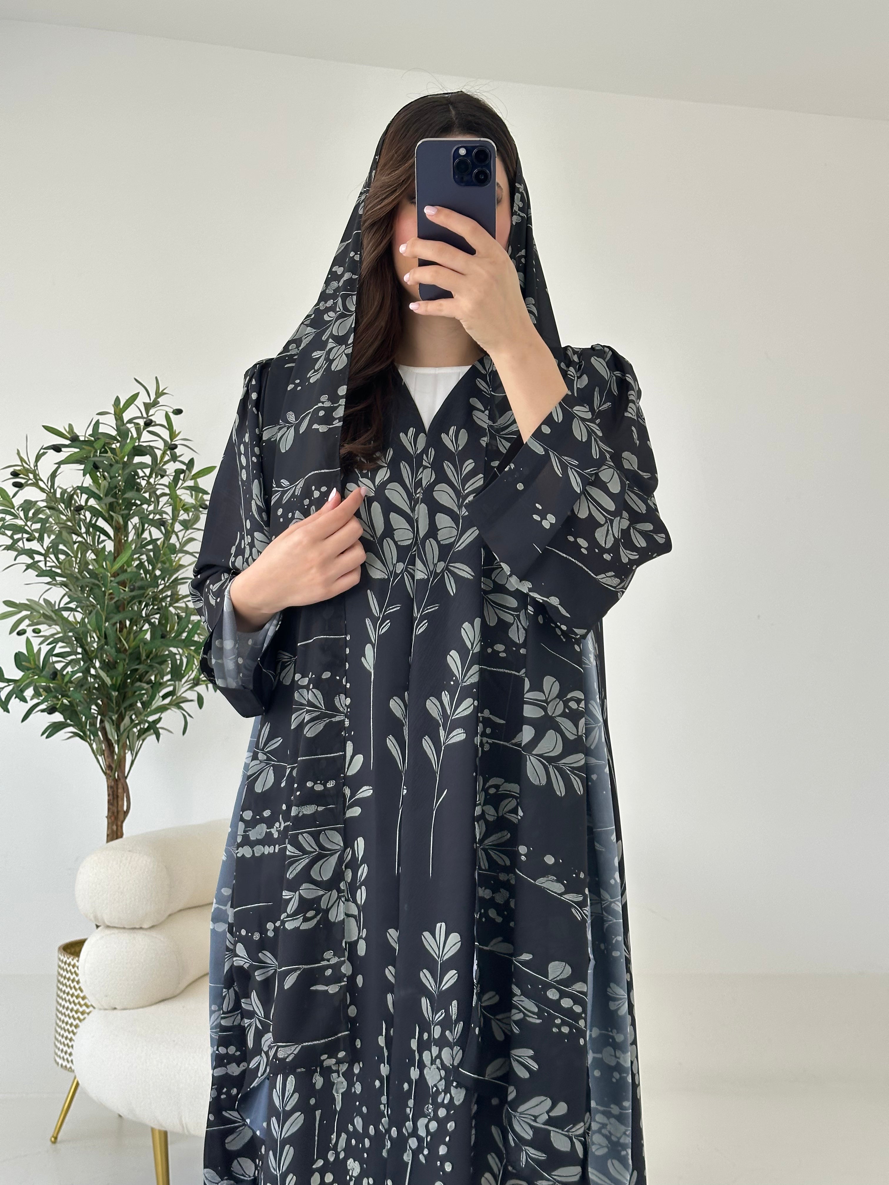 C 2270 Black Fern Printed Abaya