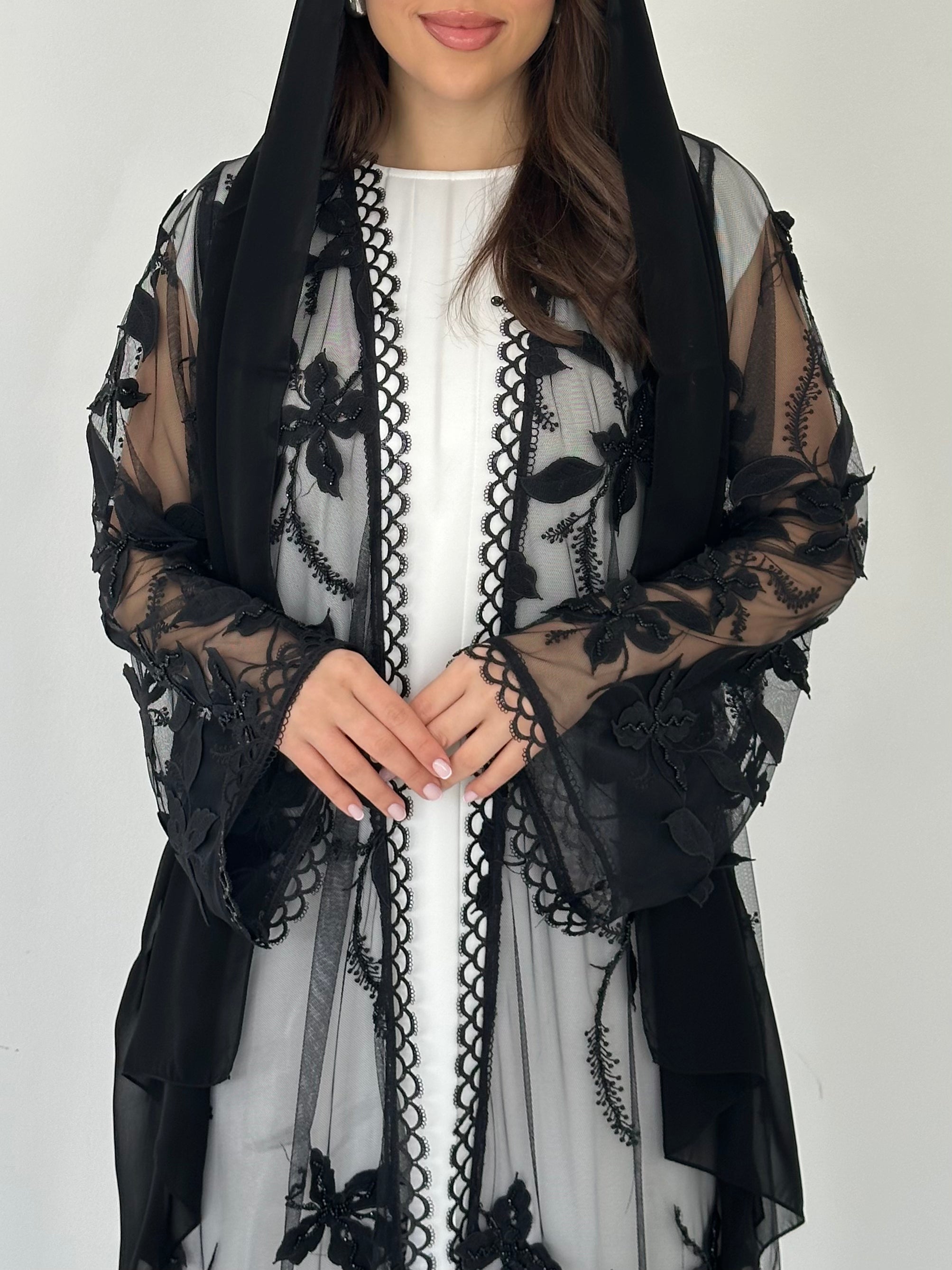 C 2274 Black Beaded Dantel Abaya