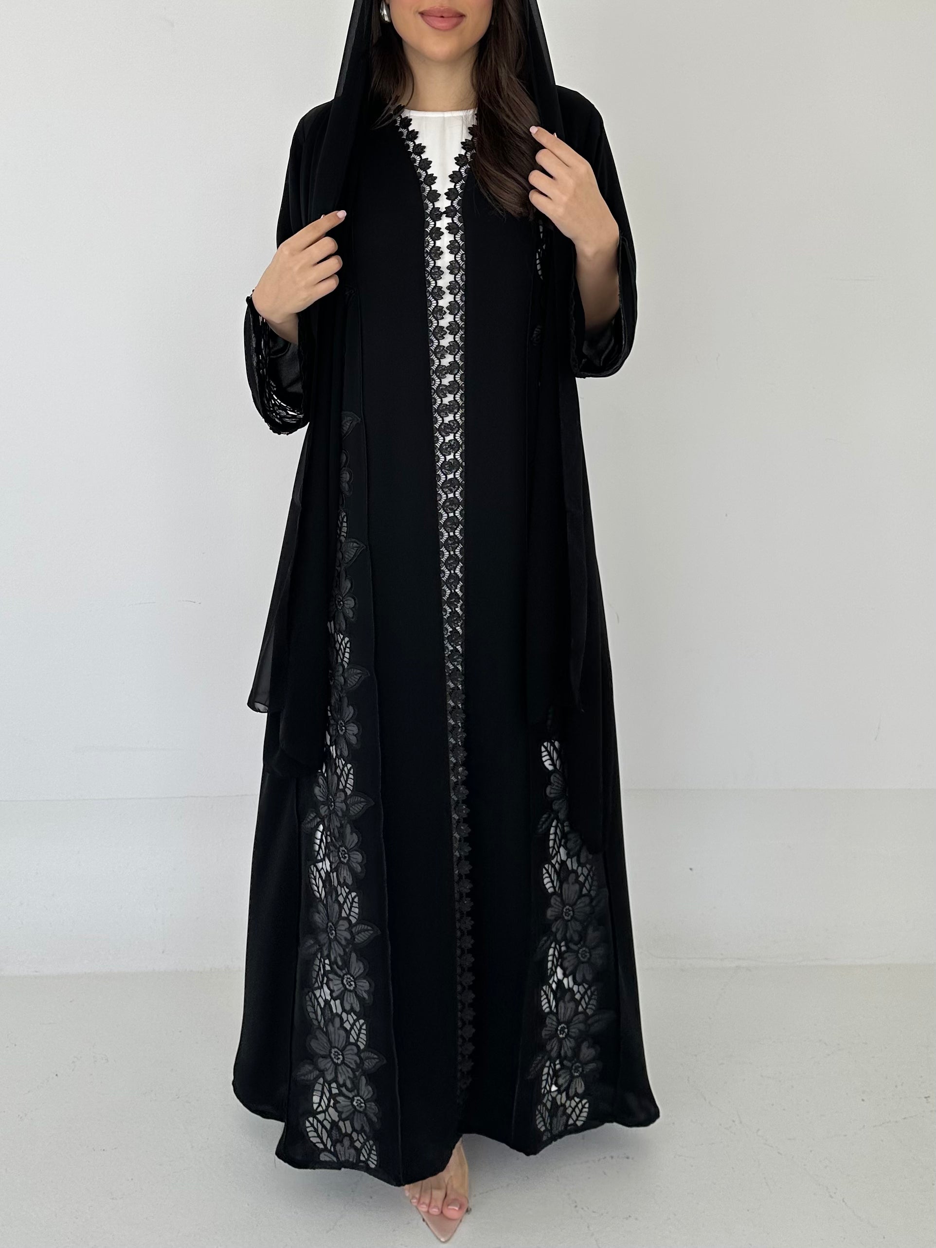 C 2275 Black Floral Lace Abaya