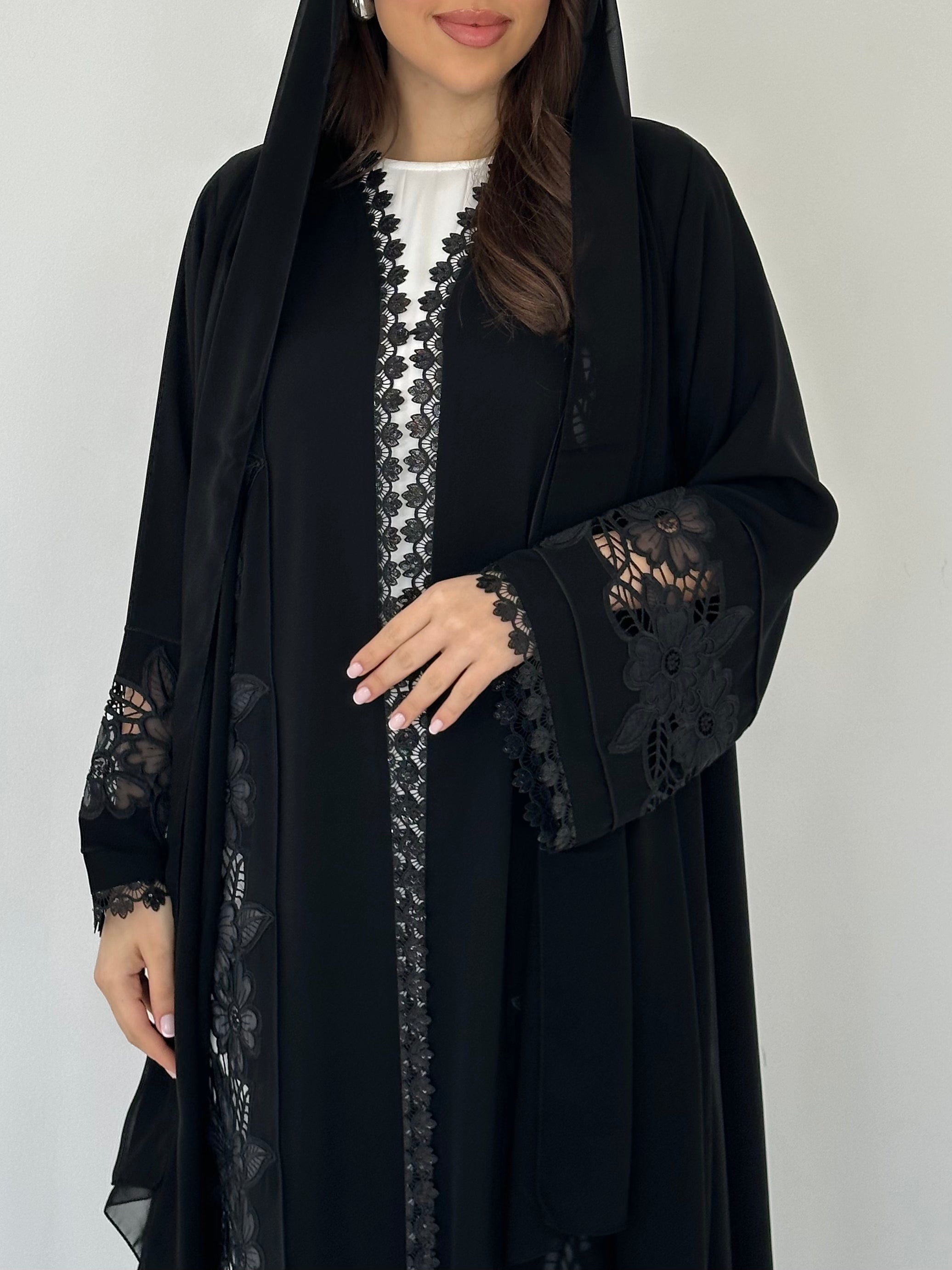 C 2275 Black Floral Lace Abaya