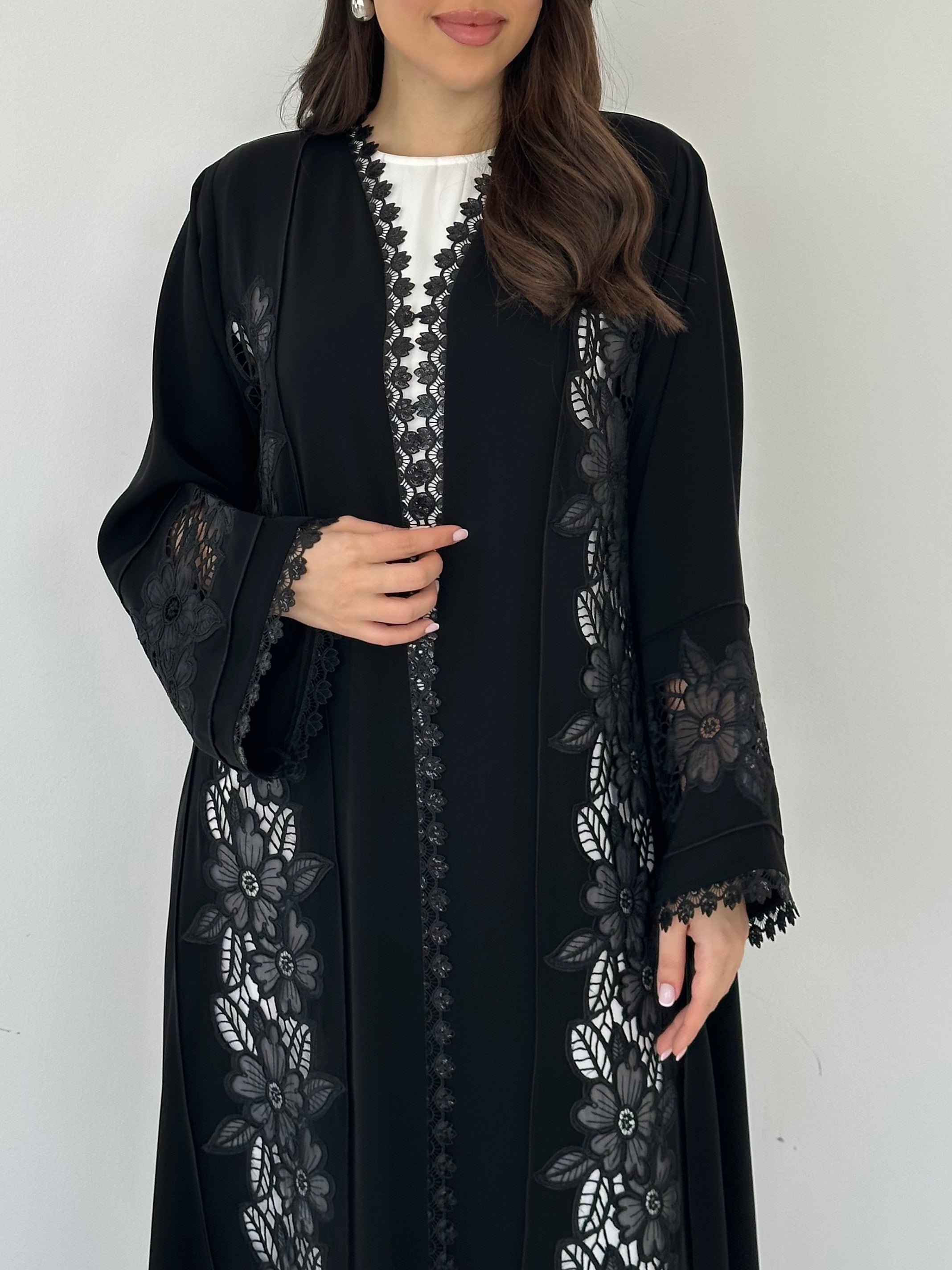 C 2275 Black Floral Lace Abaya