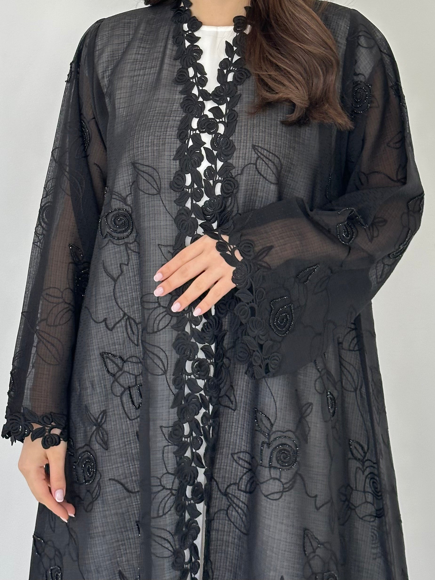 C 2277 Black Beaded Lace Abaya