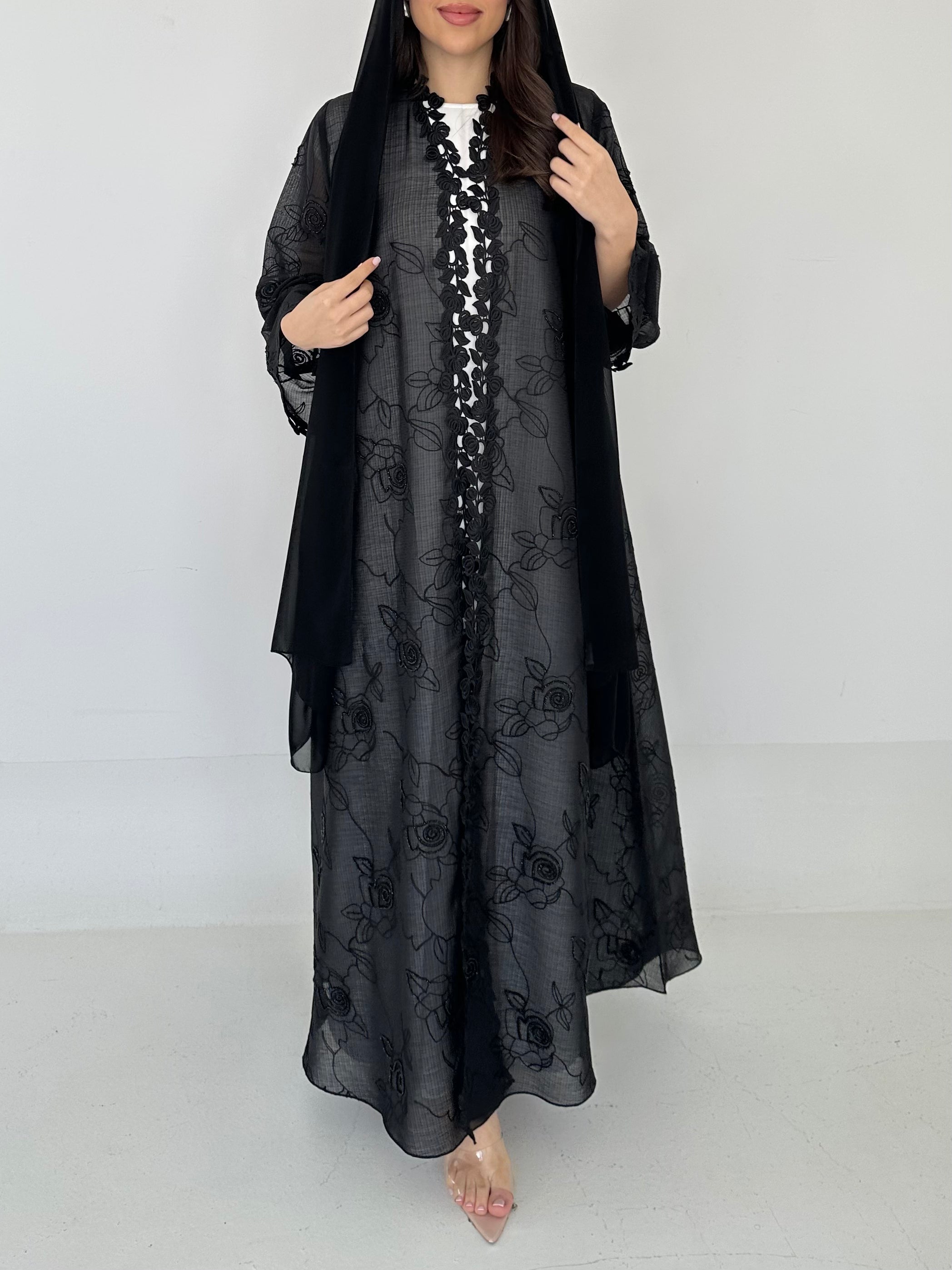 C 2277 Black Beaded Lace Abaya