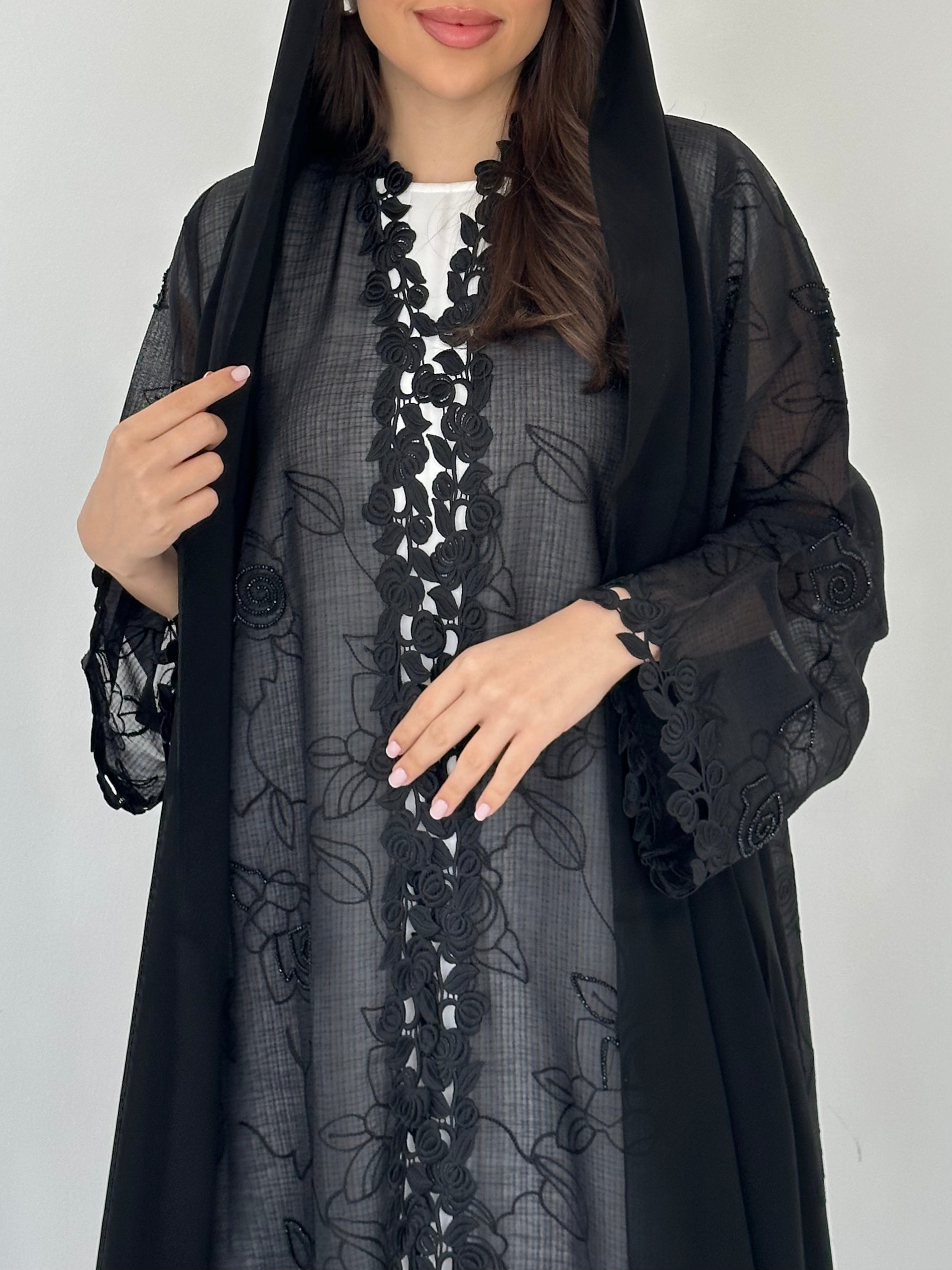 C 2277 Black Beaded Lace Abaya