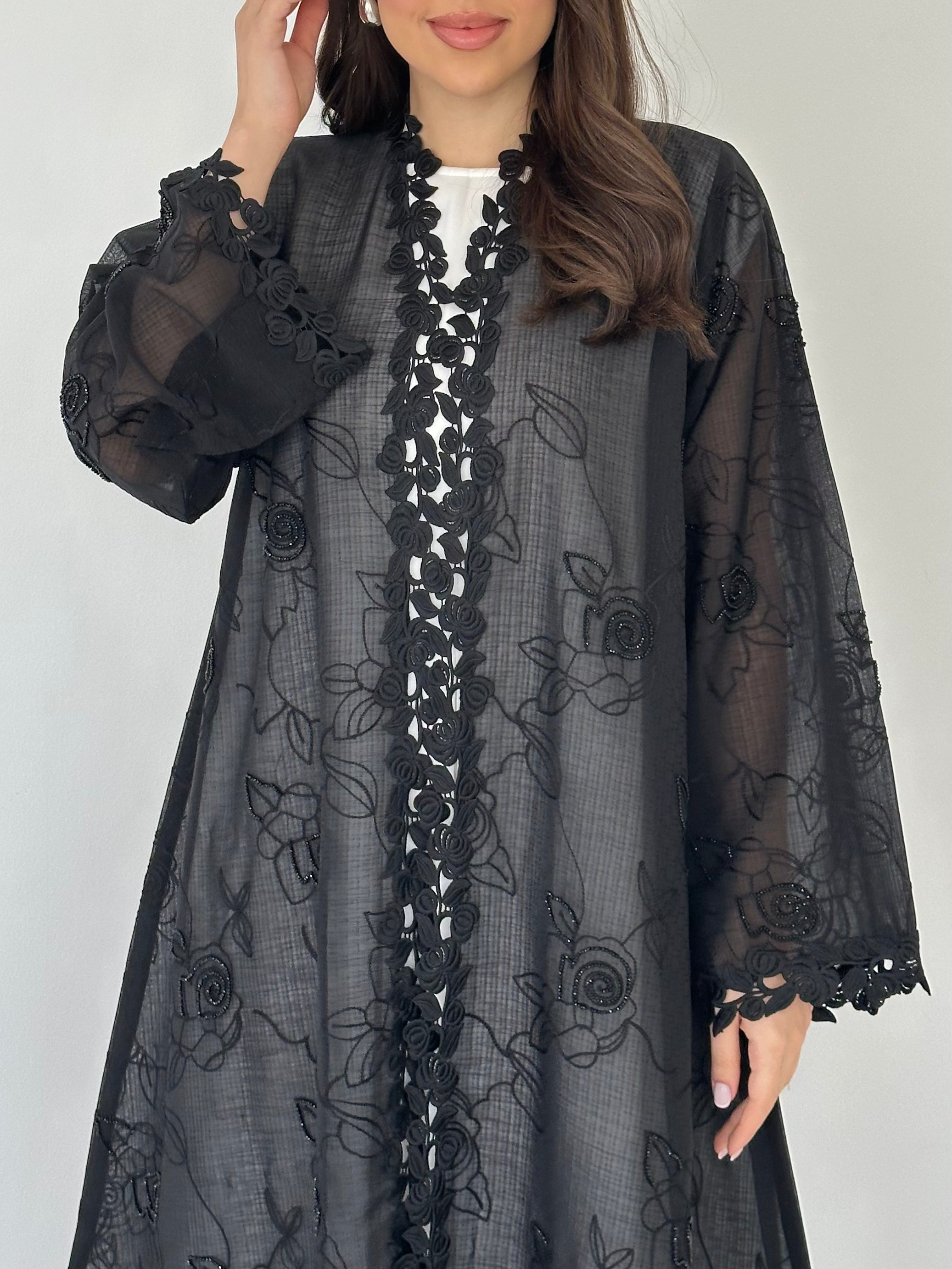 C 2277 Black Beaded Lace Abaya