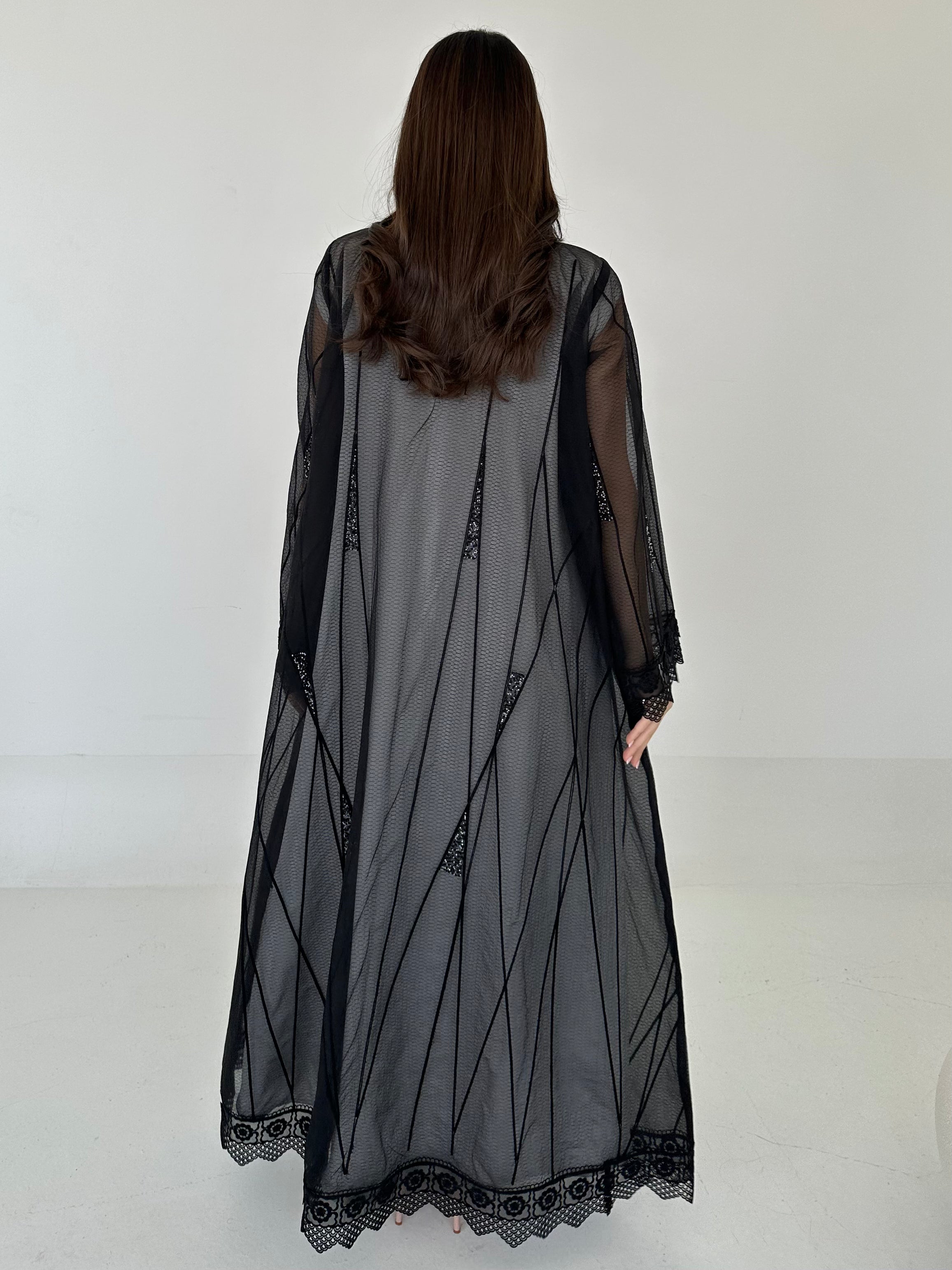 C 2278 Black Beaded Lace Abaya