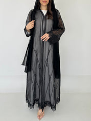 C 2278 Black Beaded Lace Abaya