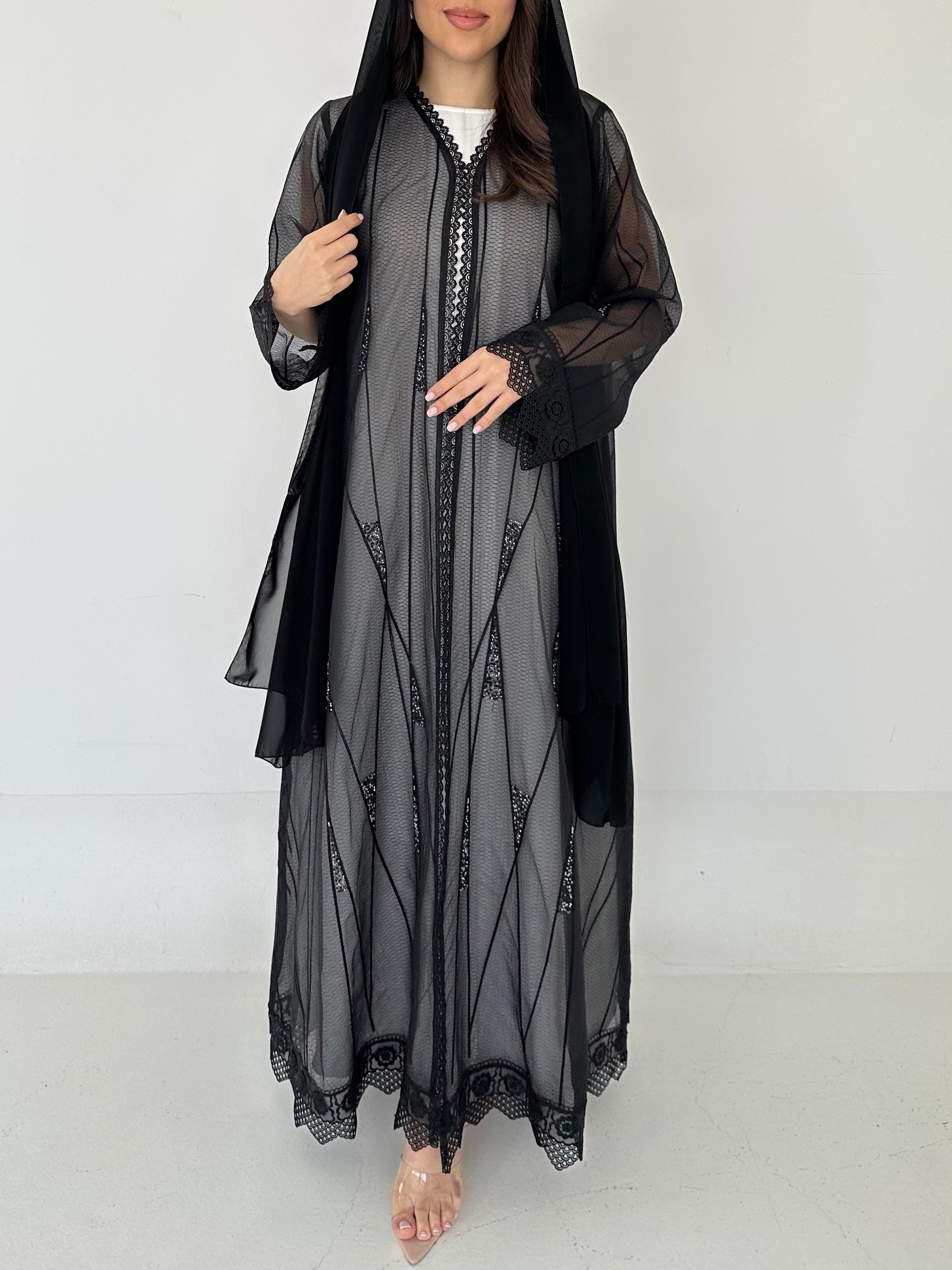 C 2278 Black Beaded Lace Abaya