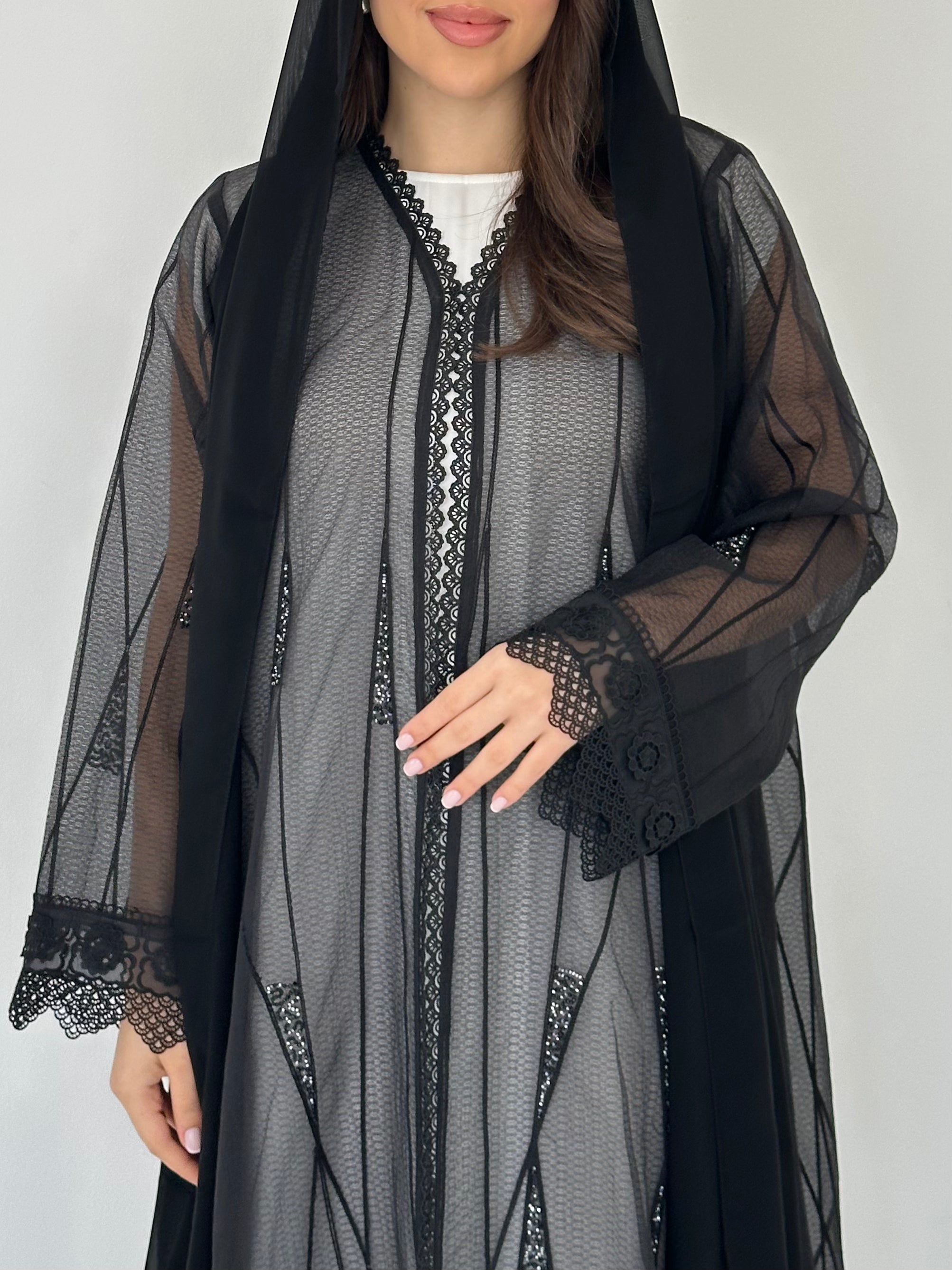 C 2278 Black Beaded Lace Abaya