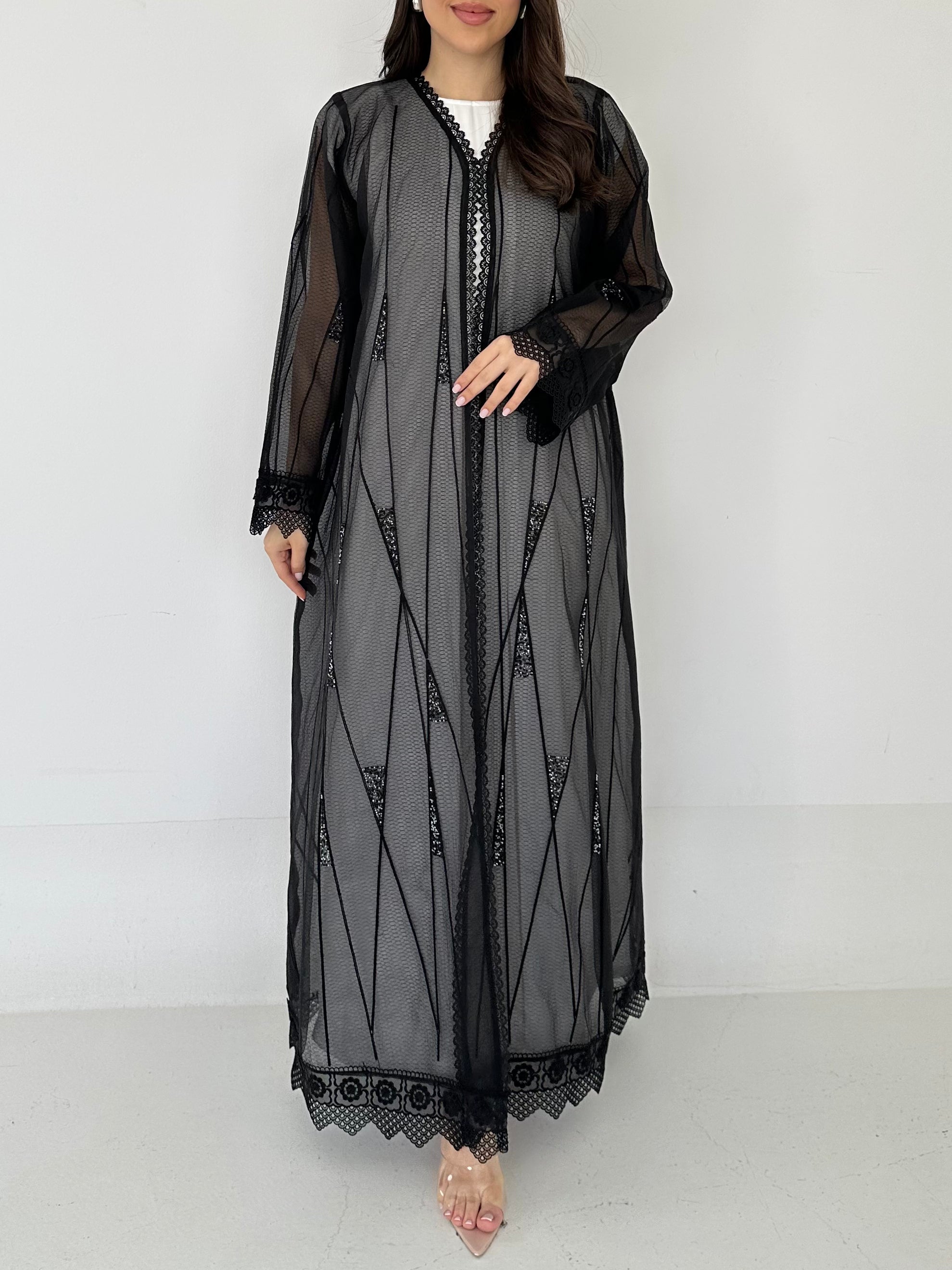 C 2278 Black Beaded Lace Abaya
