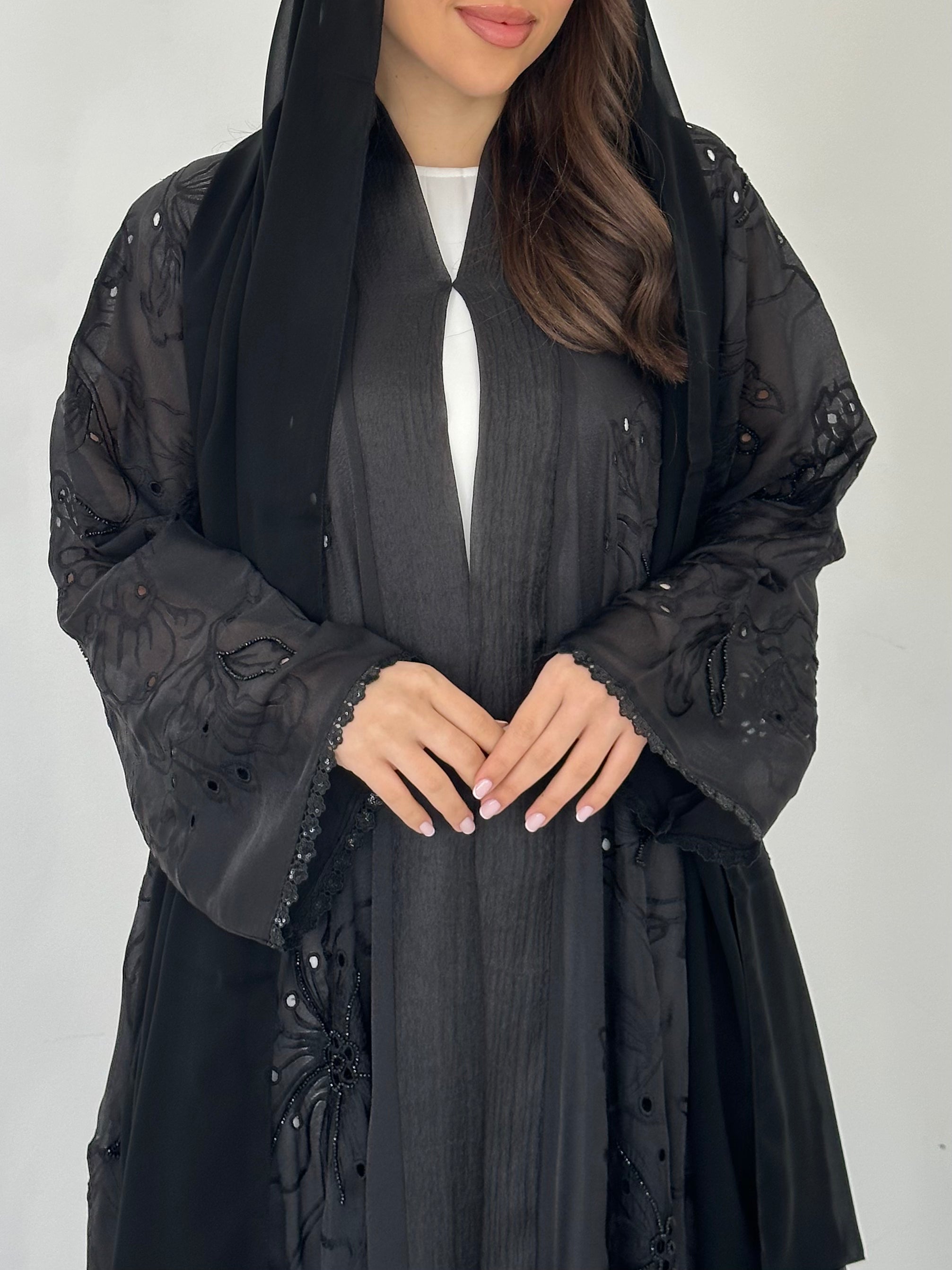 C 2279 Black Beaded Floral Abaya