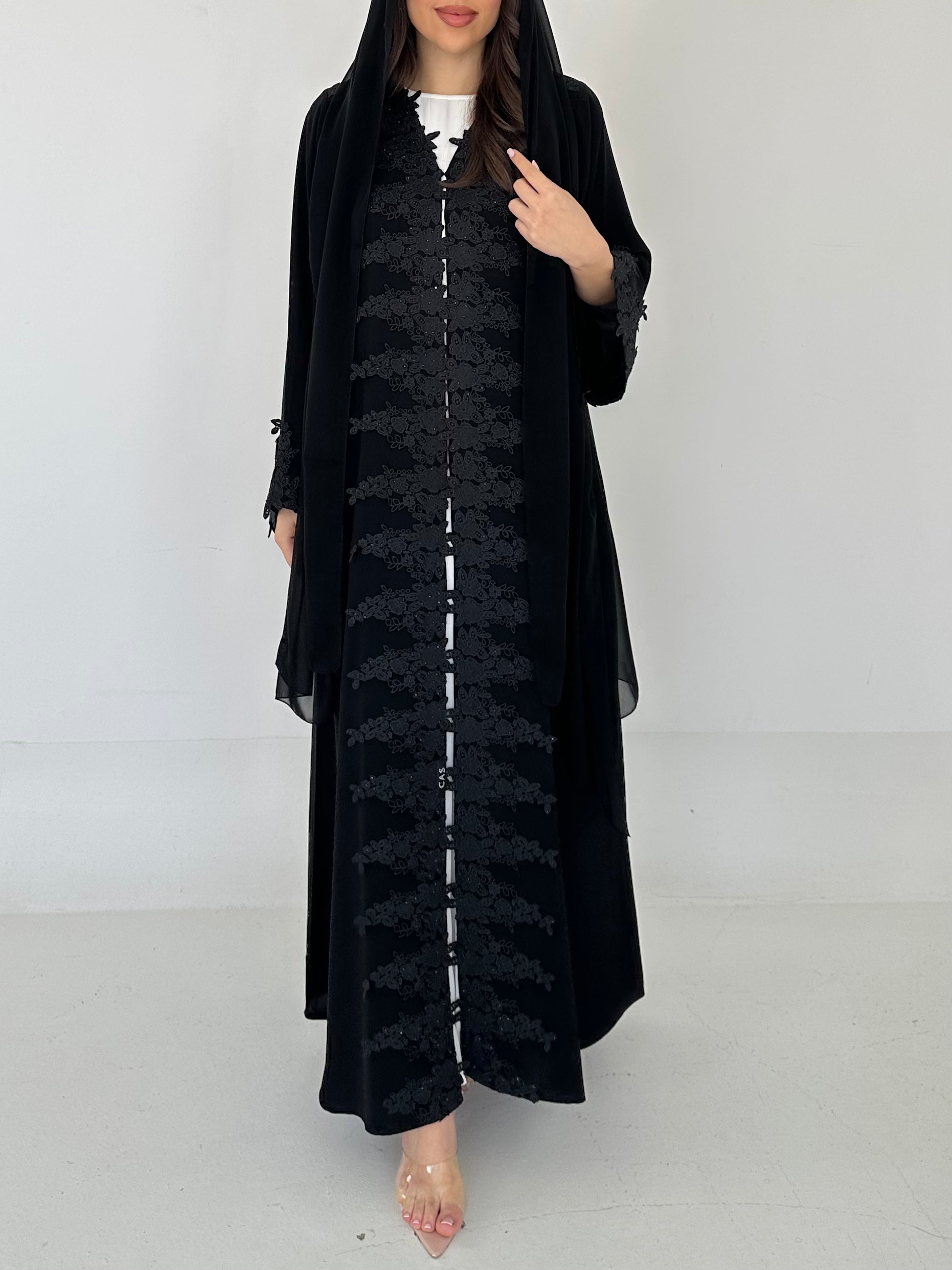 C 2289 Black Crystal Lace Abaya