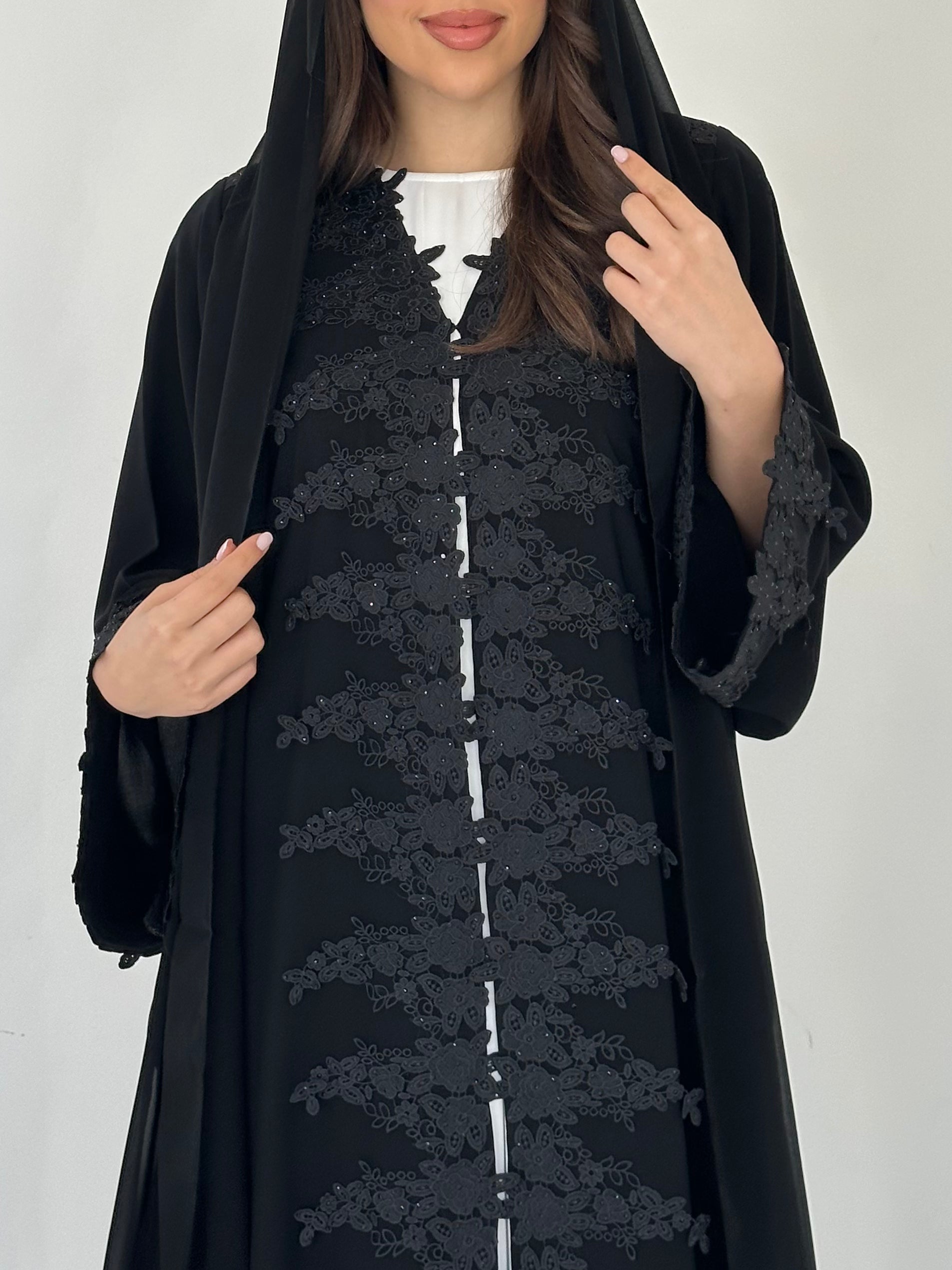 C 2289 Black Crystal Lace Abaya