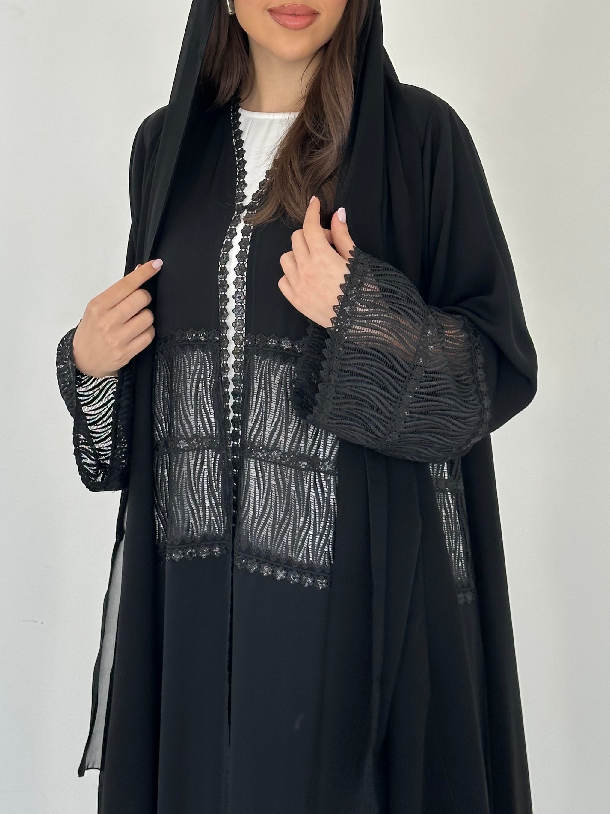C 2291 Black Sequins Lace Abaya