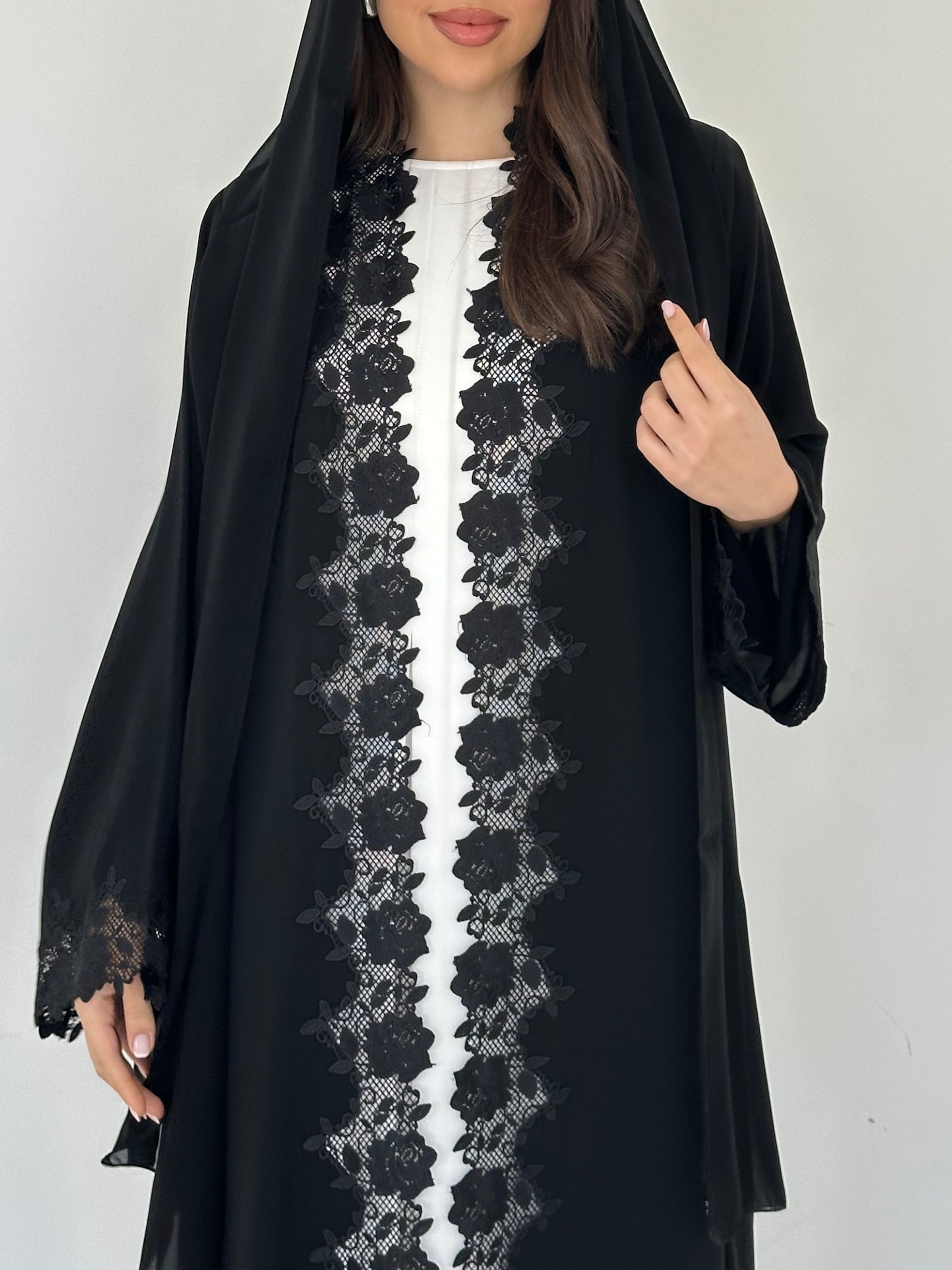C 2293 Black Floral Lace Abaya