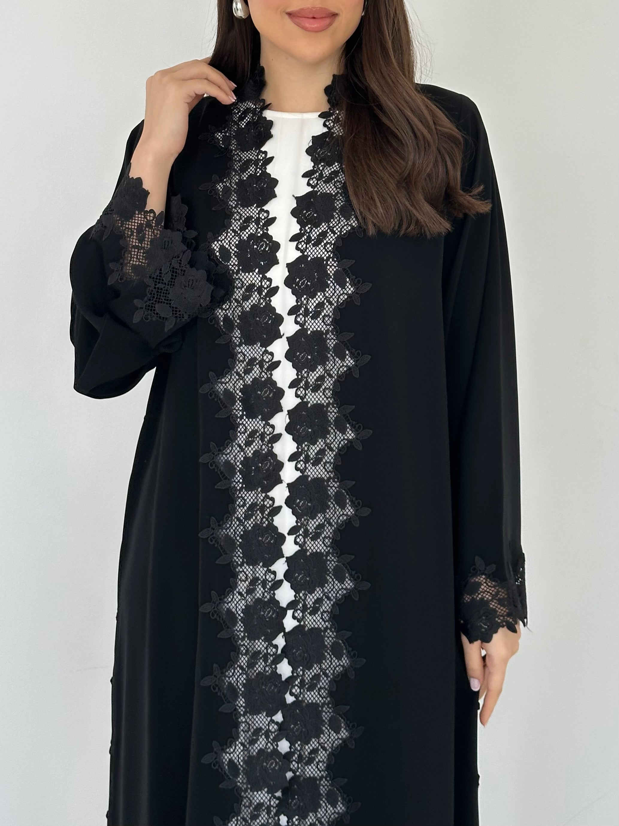 C 2293 Black Floral Lace Abaya