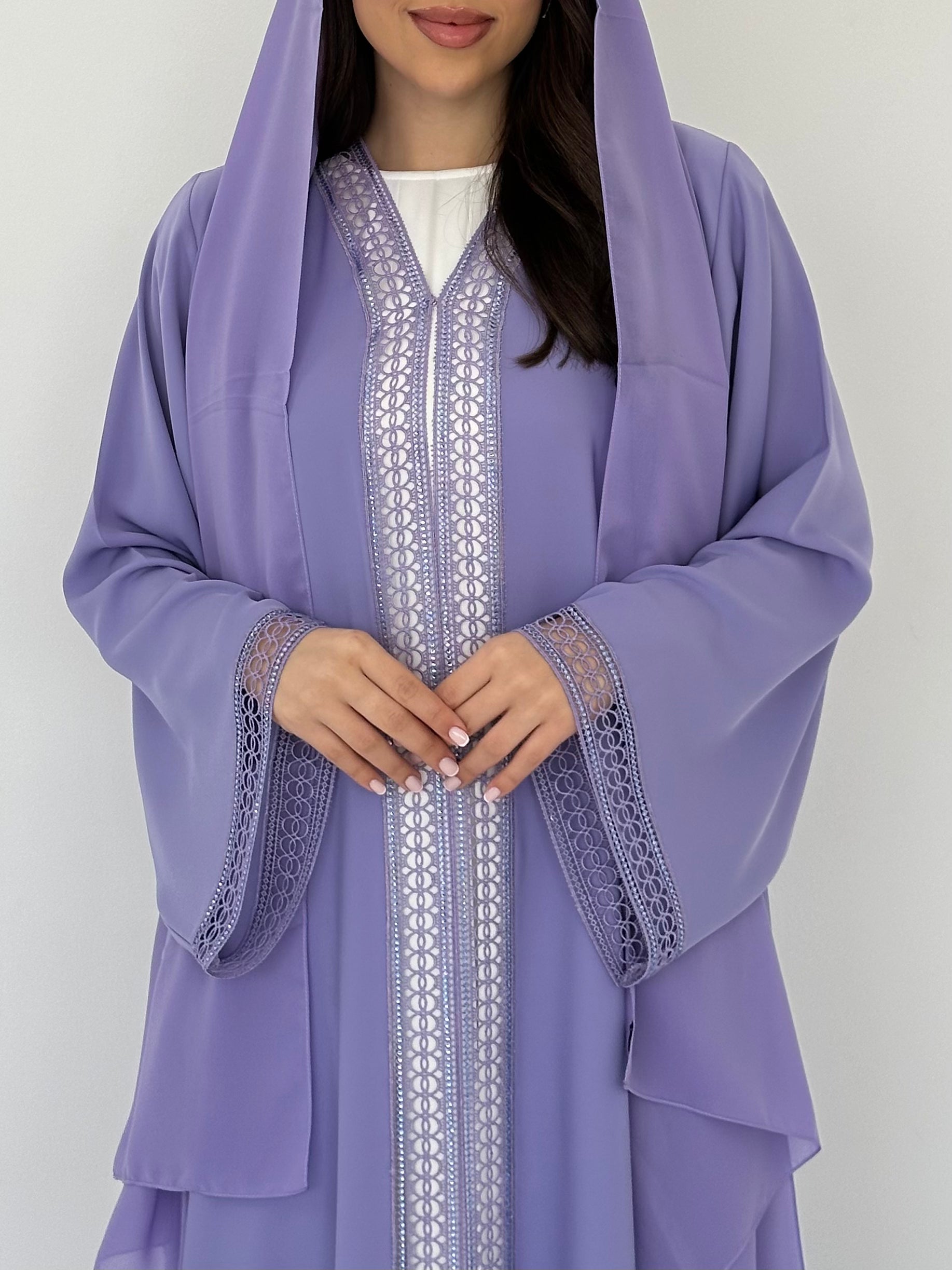 C 2306 Lavender Crystal Lace Abaya