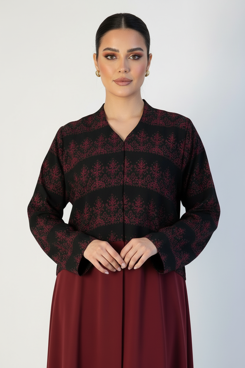 C 2307-01 Dark Red Patterned Abaya