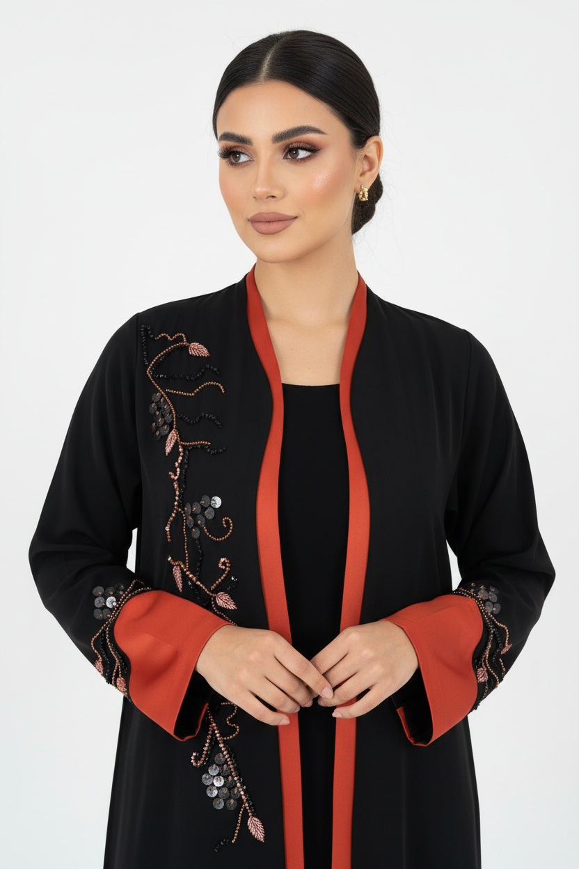 C 2315 Black Orange Beaded Abaya