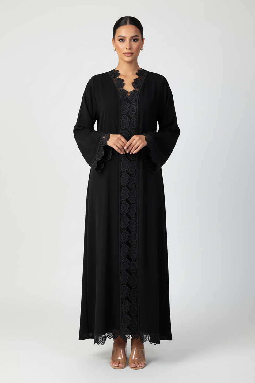 C 2322 Black Hearts Lace Abaya