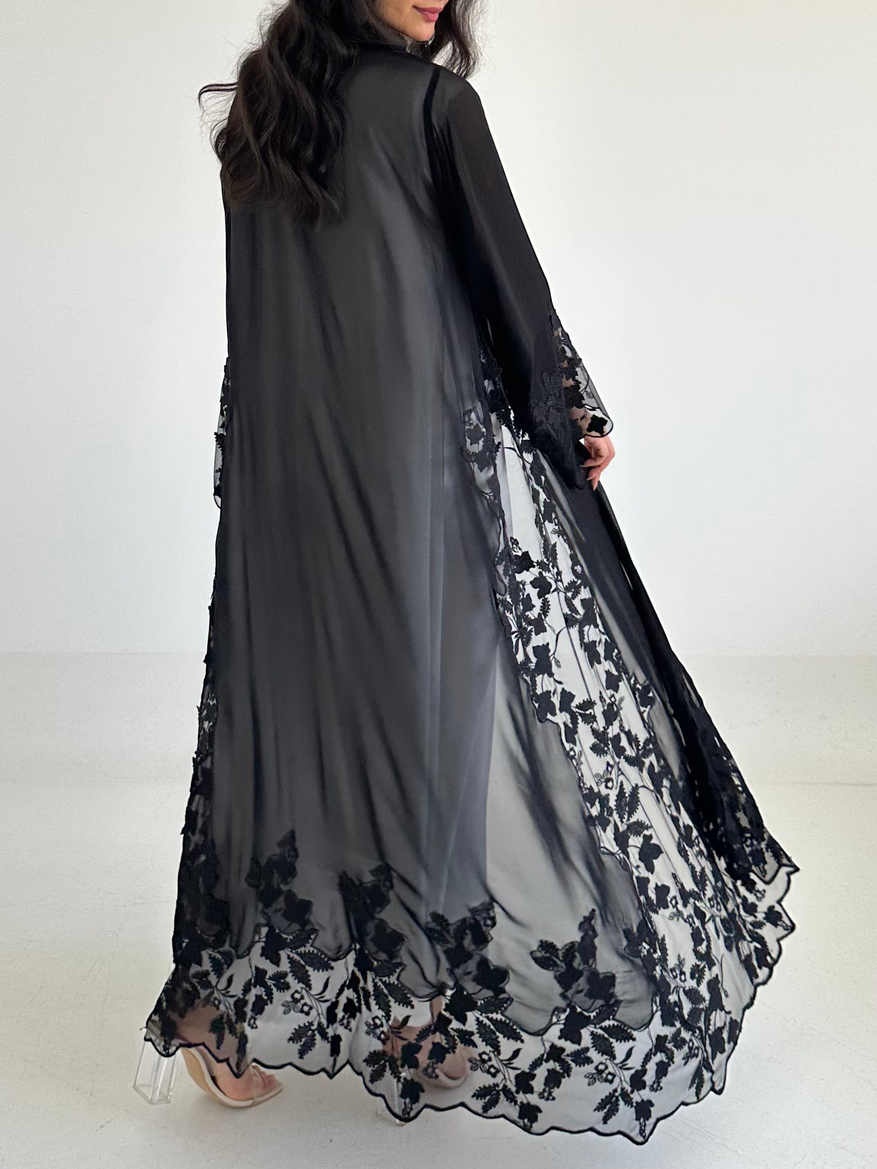 C 2343 Black Crystal Dantel Abaya