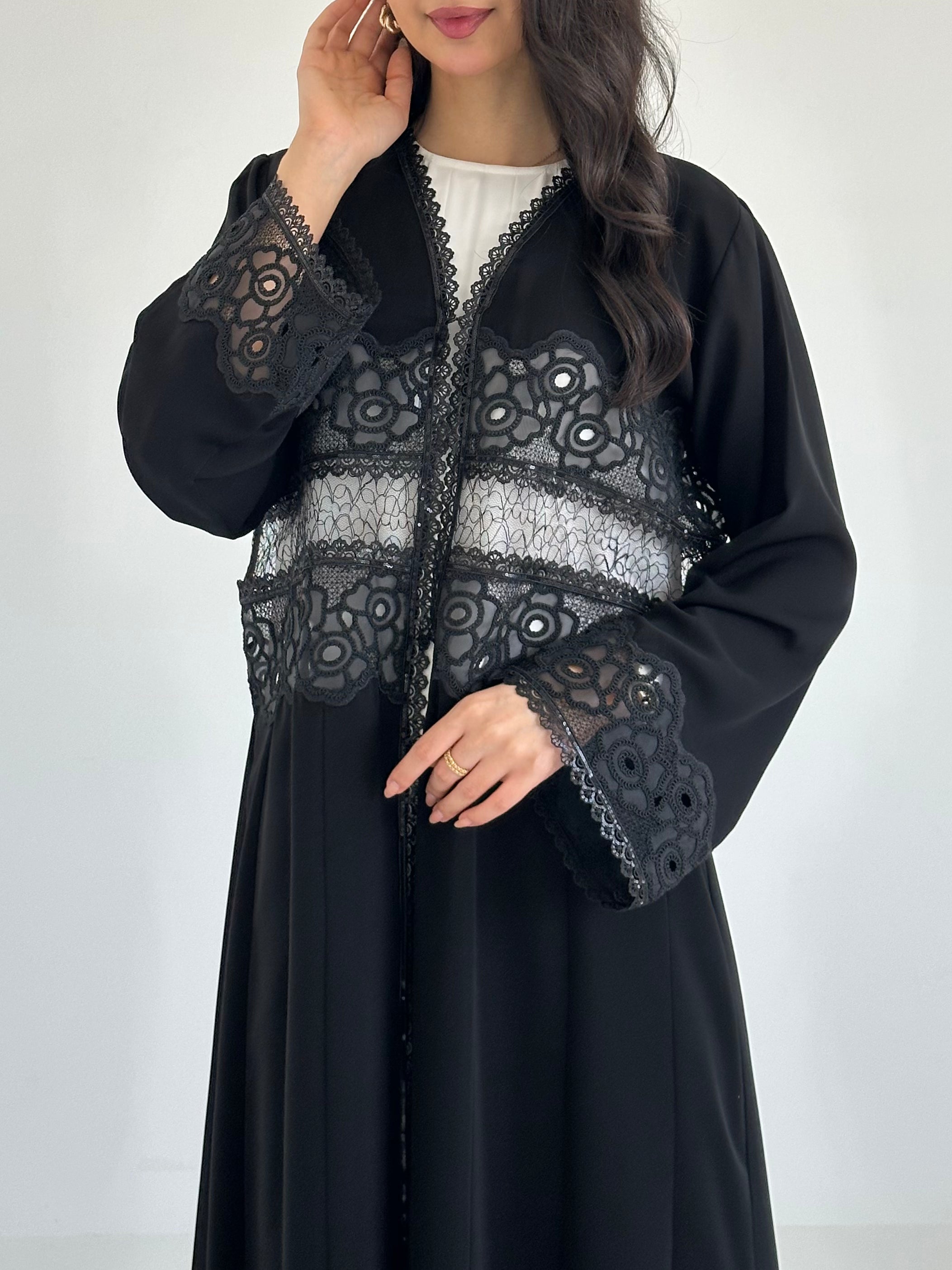 C 2346 Black Sequins Lace Abaya