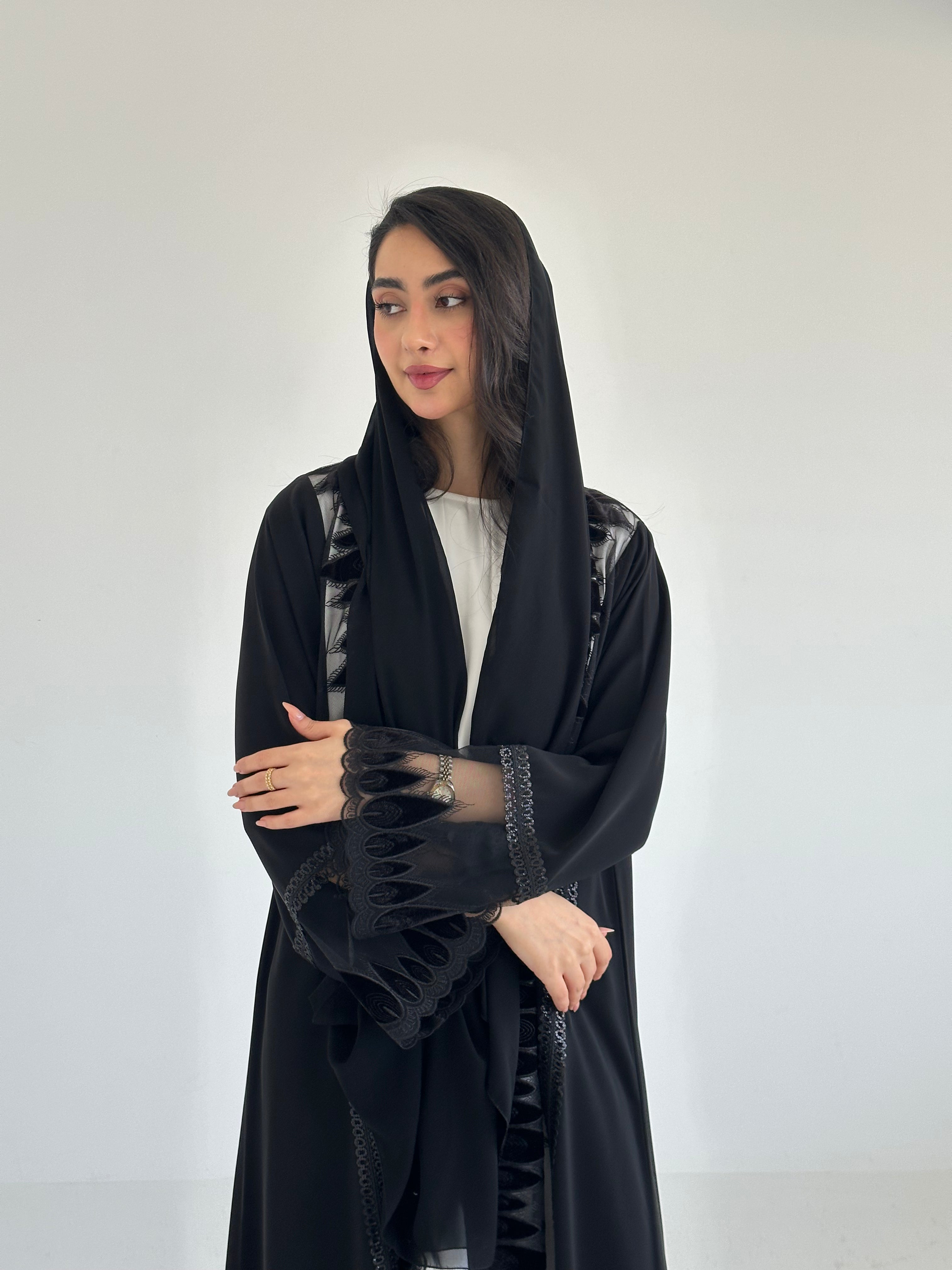 C 2348 Black Sequins Lace Abaya
