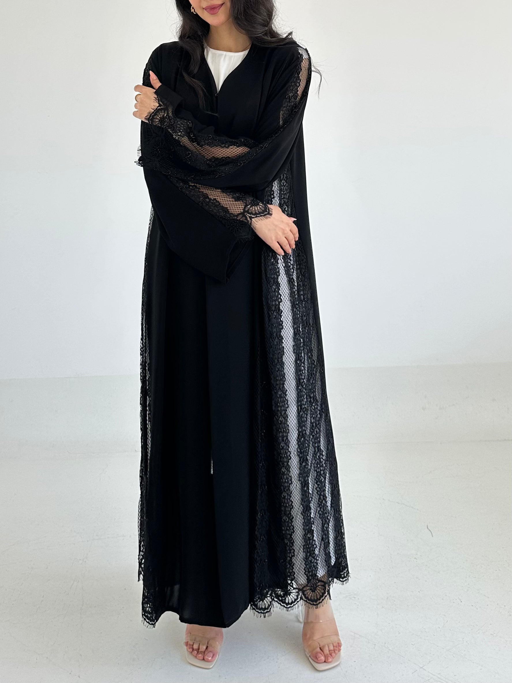 C 2352 Black Beaded Lace Abaya