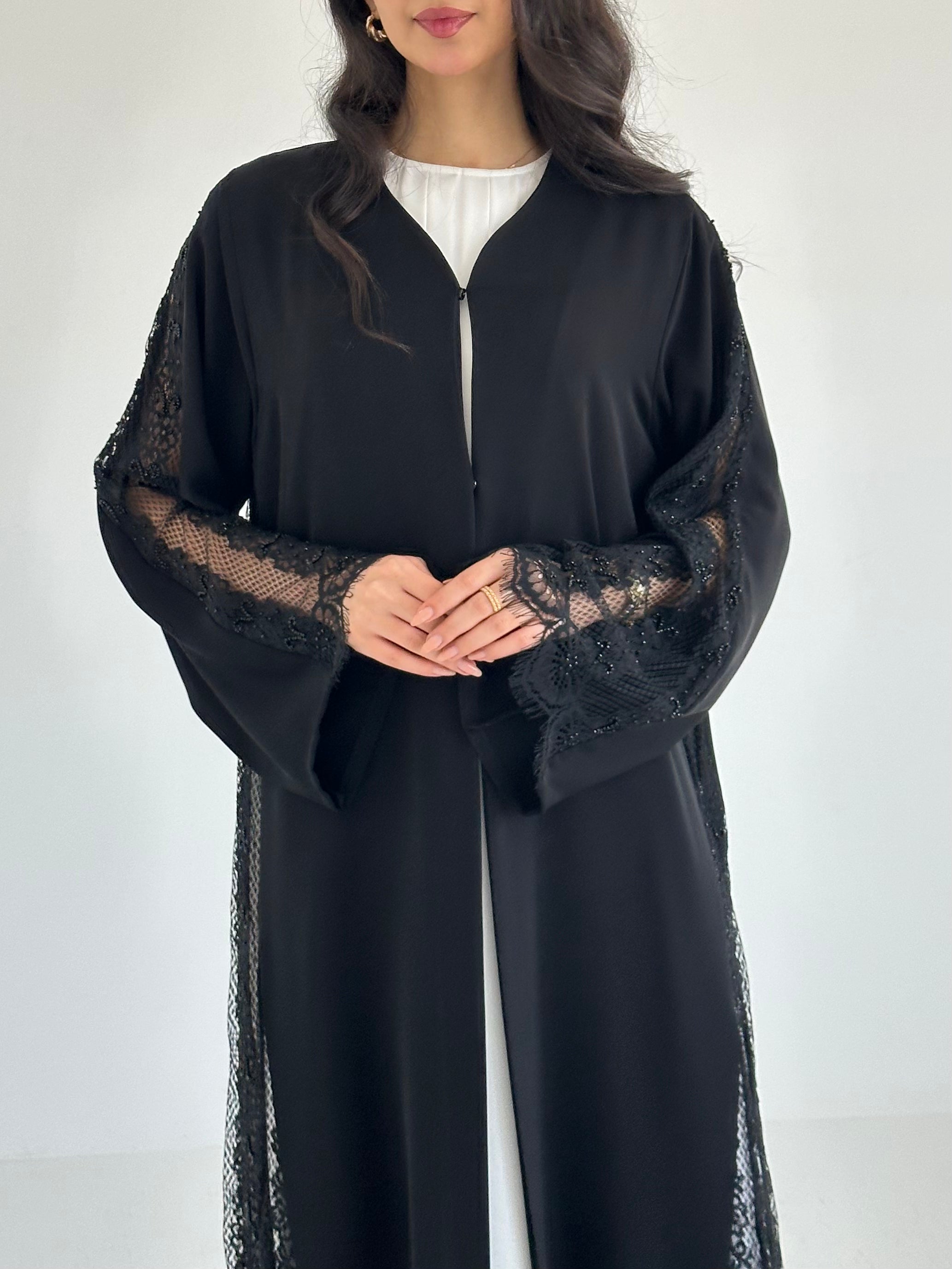 C 2352 Black Beaded Lace Abaya