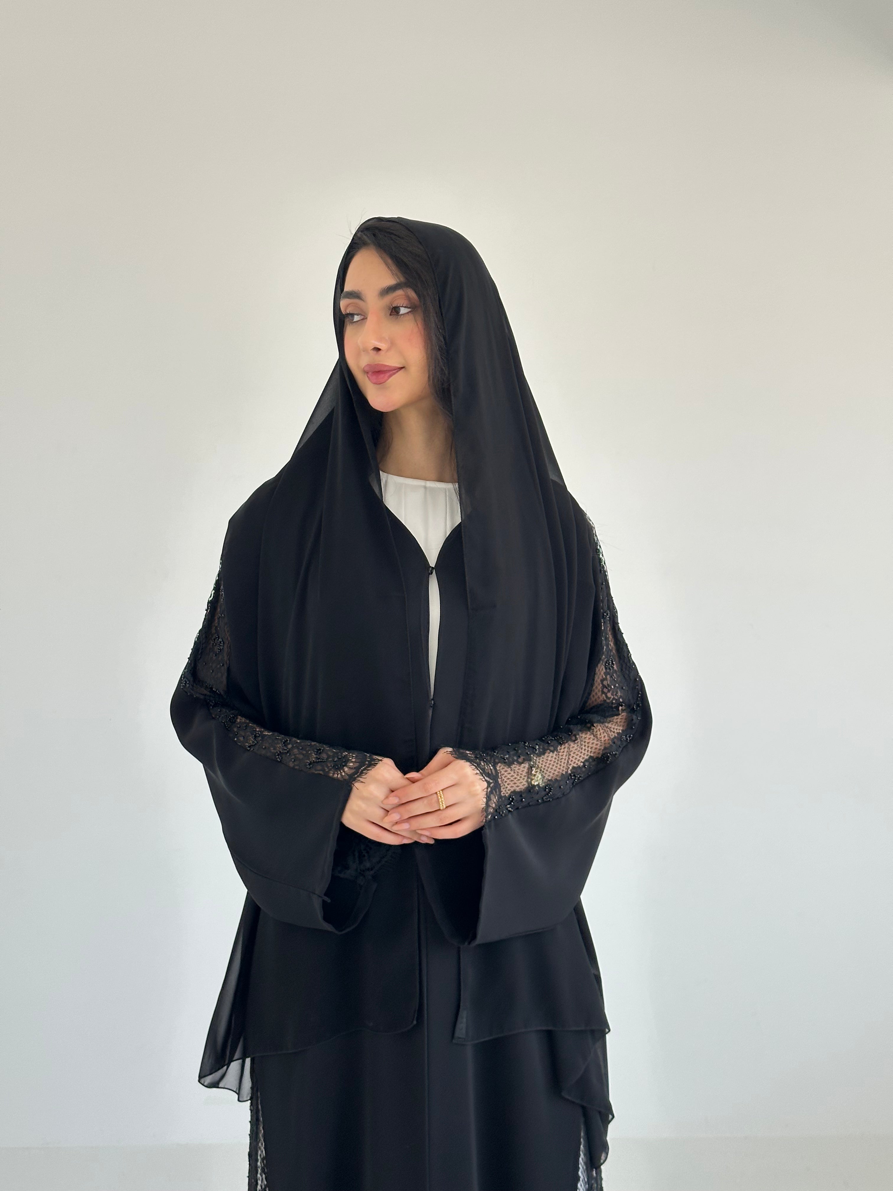 C 2352 Black Beaded Lace Abaya