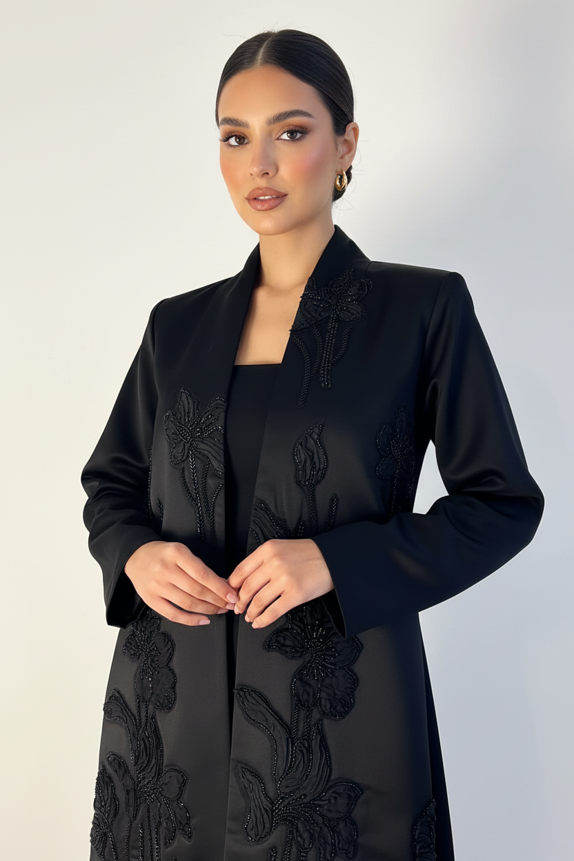 C 2355 Black Beaded Floral Abaya