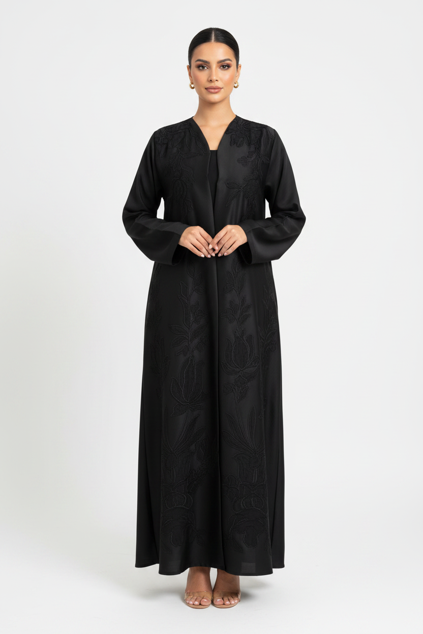 C 2356 Black Embroidered Floral Abaya