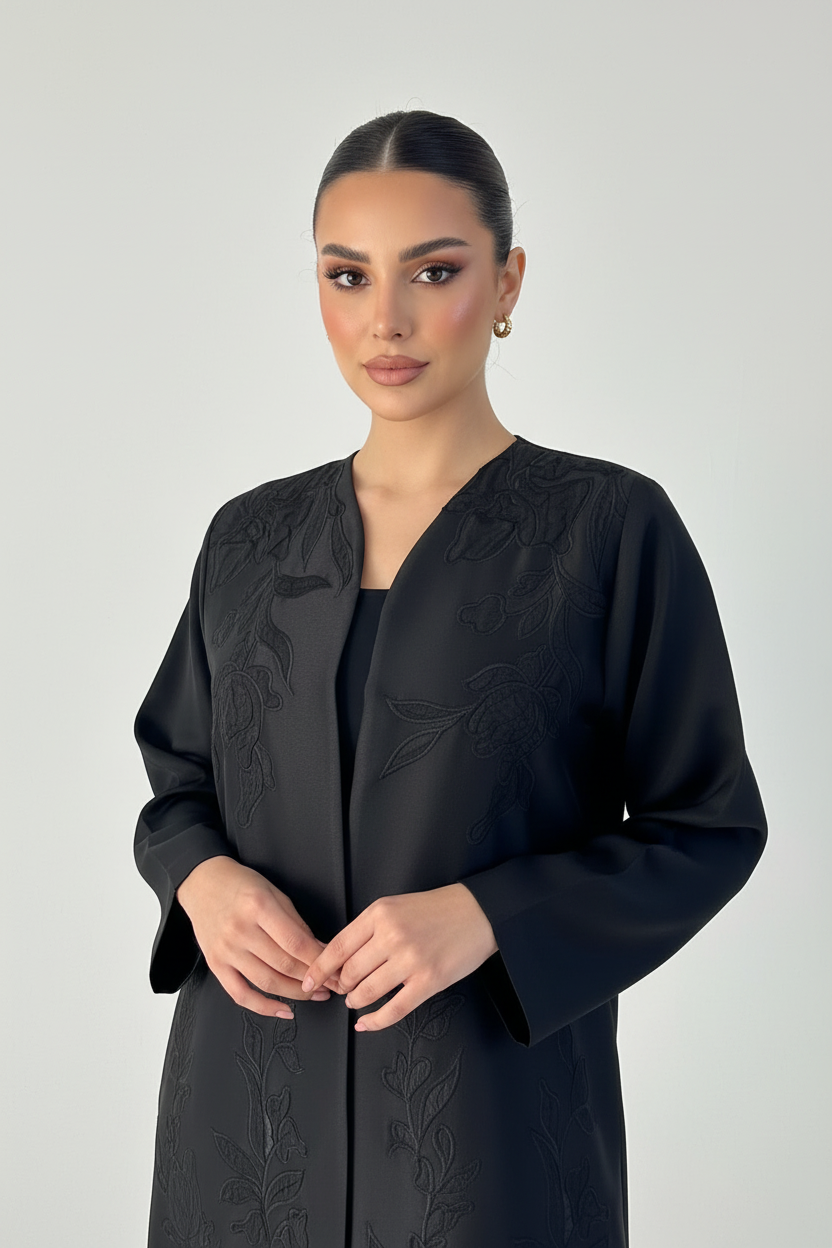 C 2356 Black Embroidered Floral Abaya