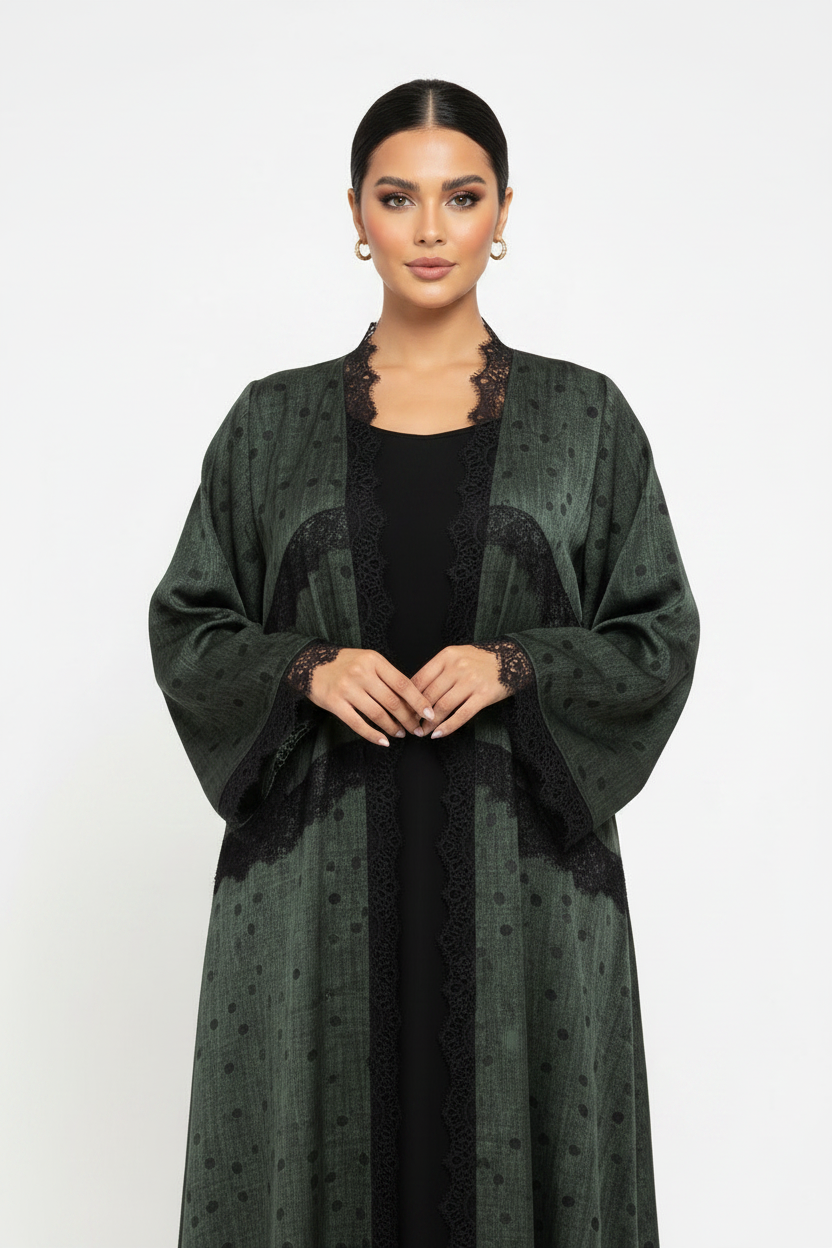 C 2360 Dark Green Polka Lace Abaya