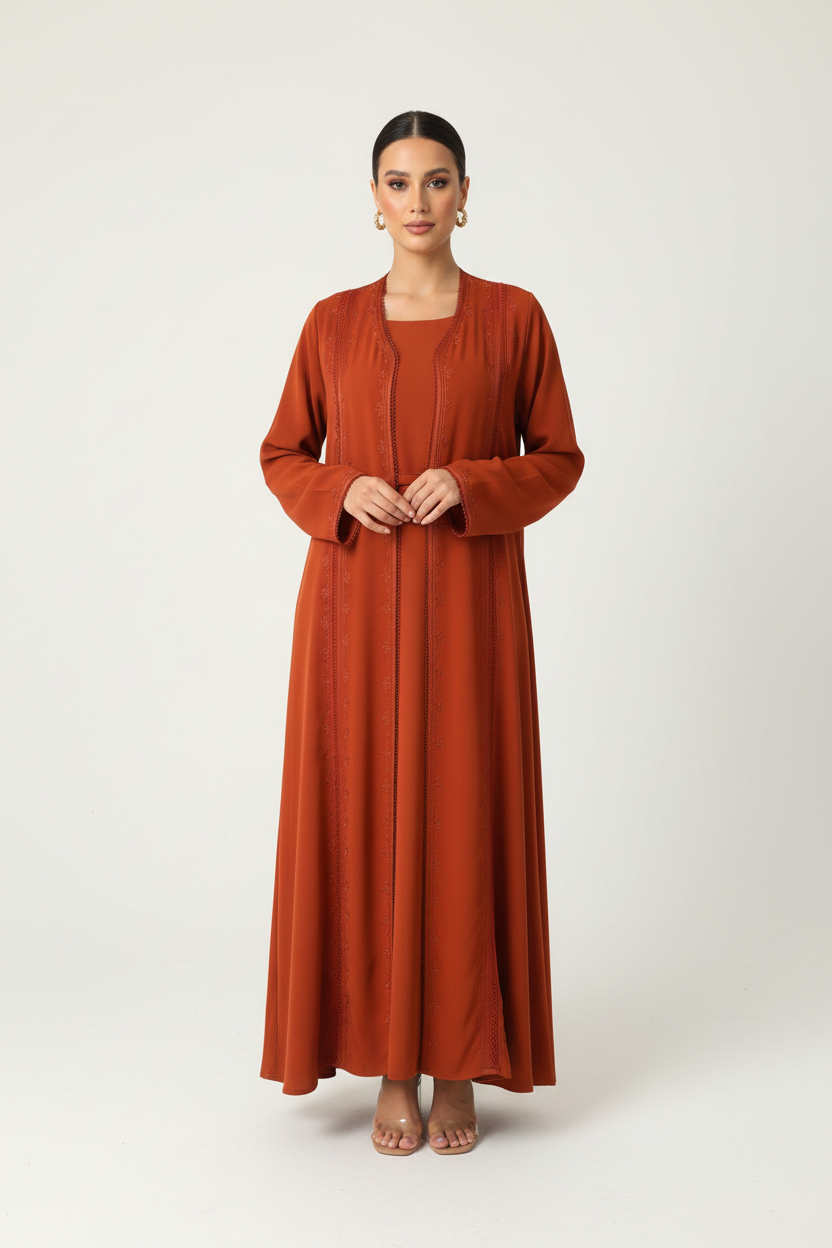C 2361 Pumpkin Orange Embroidered Abaya