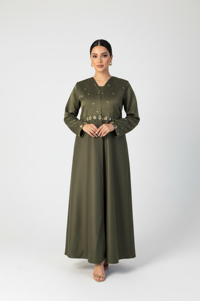 C 2364 Olive Beaded Abaya