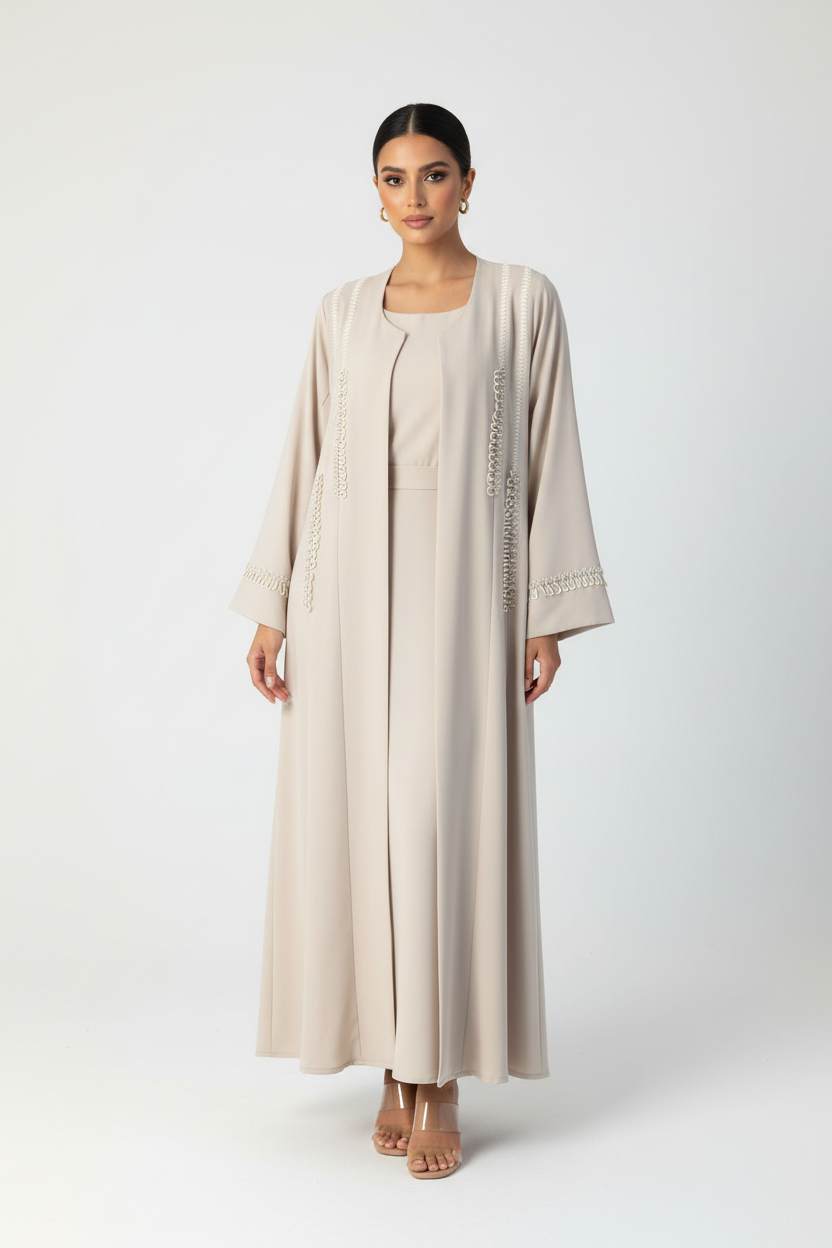C 2370 Cream Beaded Abaya
