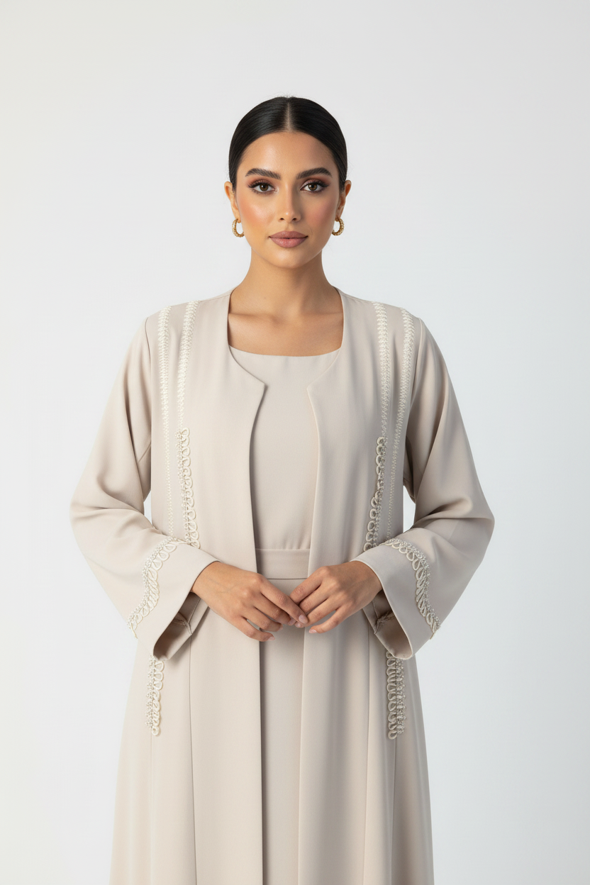 C 2370 Cream Beaded Abaya
