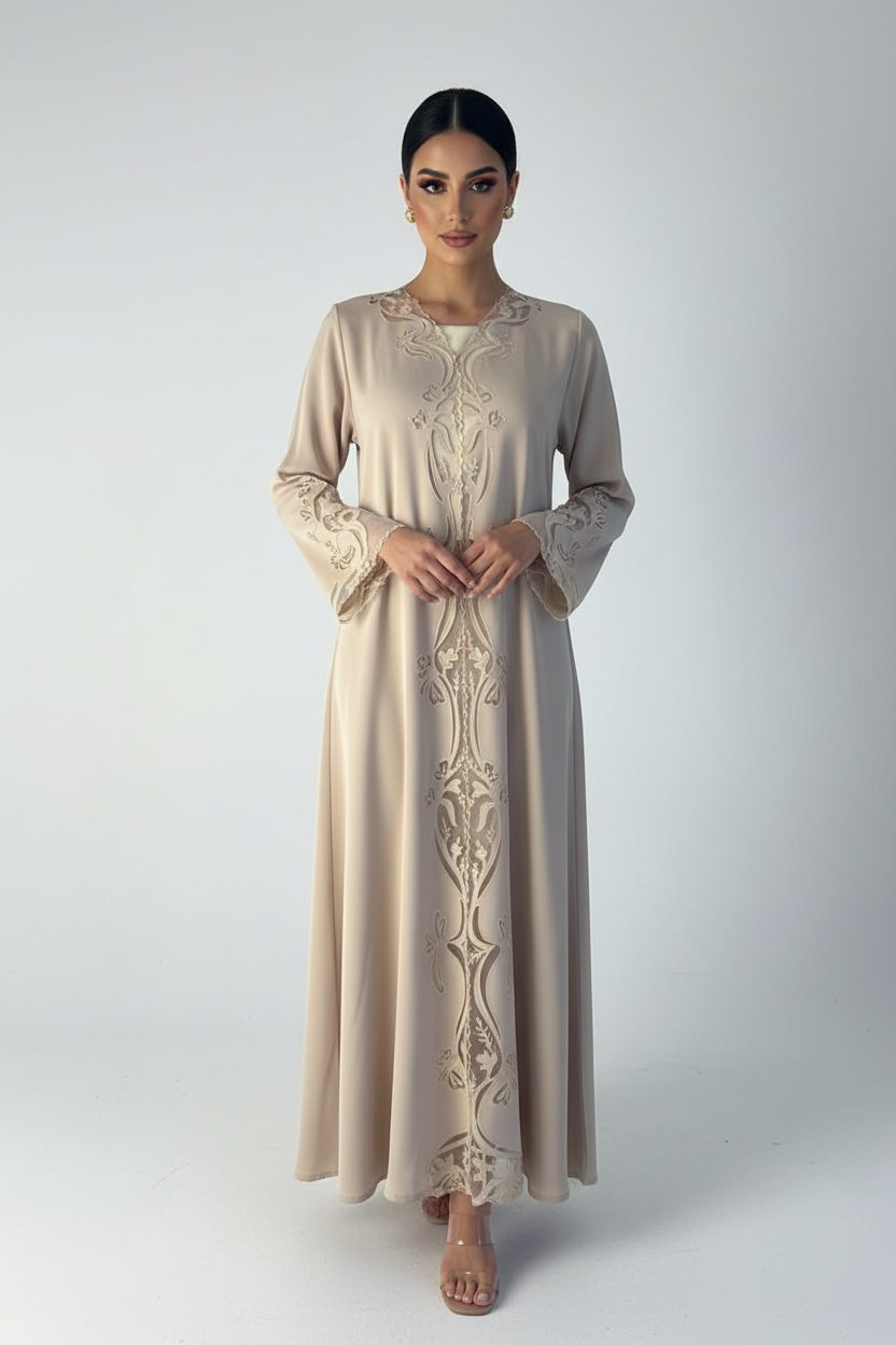 C 2378 Beige Lasercut Abaya