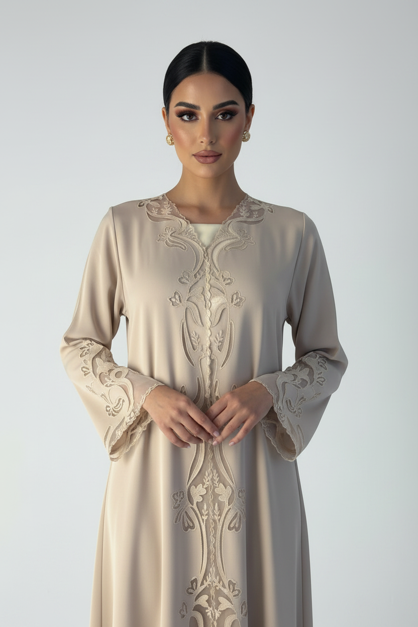 C 2378 Beige Lasercut Abaya